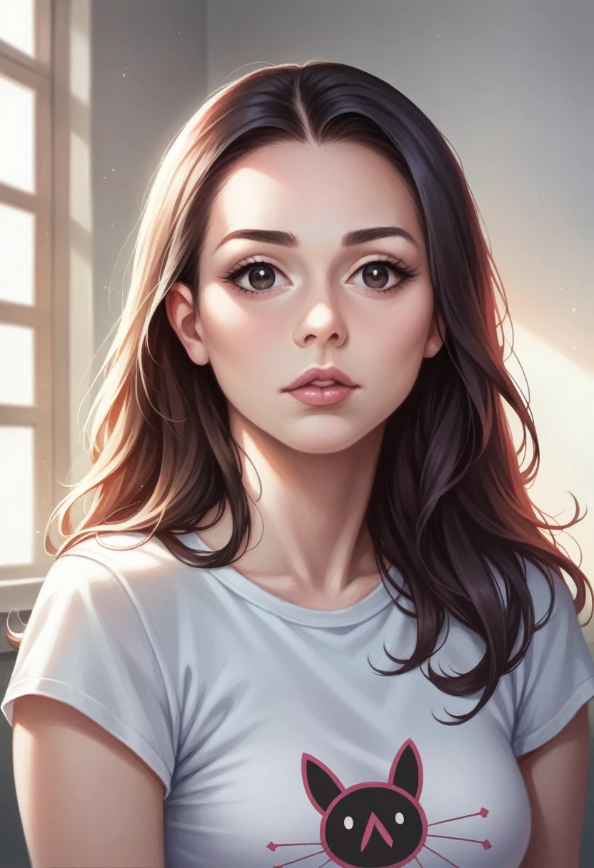 A dark-haired girl with dark eyes and fair skin, wearing a black t-shirt, detailed portrait, beautiful detailed eyes, beautiful detailed lips, extremely detailed face, long eyelashes, realistic, photorealistic, photo-realistic, 8k, high quality, masterpiece, ultra-detailed, vivid colors, studio lighting, physically-based rendering