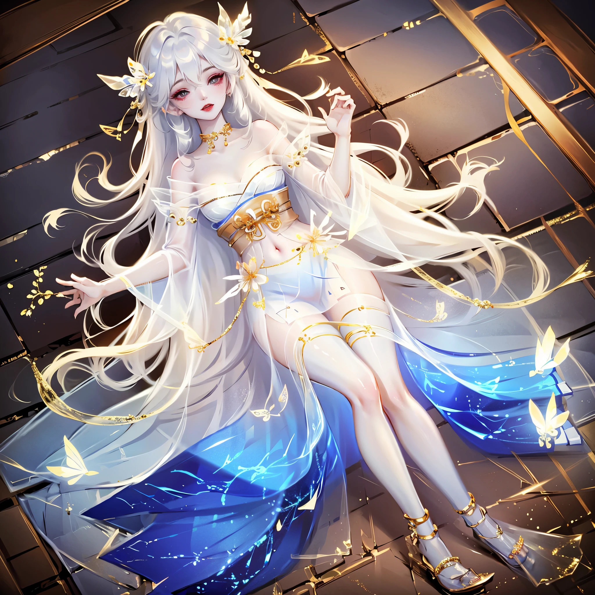 1 girl, Transparent water, Blue Butterfly, Pure white gauze skirt, shiny