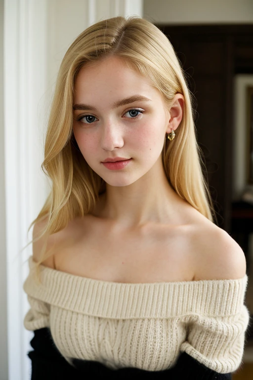 ((best quality)), ((masterpiece)), (detailed), 1girl, off-shoulder sweater, blonde hair, pale ivory skin, black eyes, 16 years old