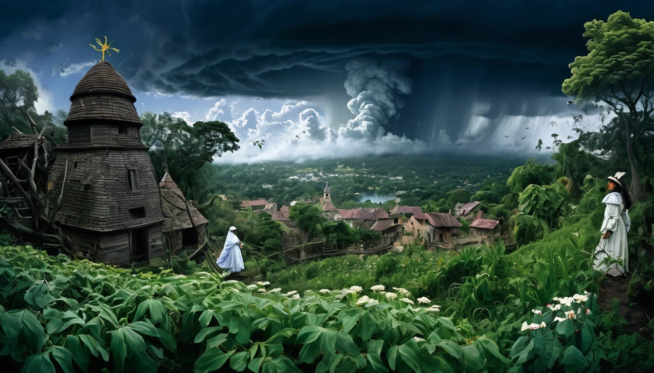 A dramatic historical mashup of Christopher Columbus's voyages alongside an allegorical scene of European diseases as dark, swirling clouds encroaching upon vibrant native villages filled with rich cultural symbols. The landscape of the Americas transforms from lush natural beauty into patches of colonization, depicted in contrasting styles of impressionism and surrealism. Figures representing indigenous peoples struggle against the encroachment, depicted in traditional attire, while spectral images of disease manifest as ghostly figures blending with haunting flora, showcasing the duality of discovery and devastation. Elements of classical art intertwine with modern graphic illustration, creating a powerful commentary on the collision of worlds.