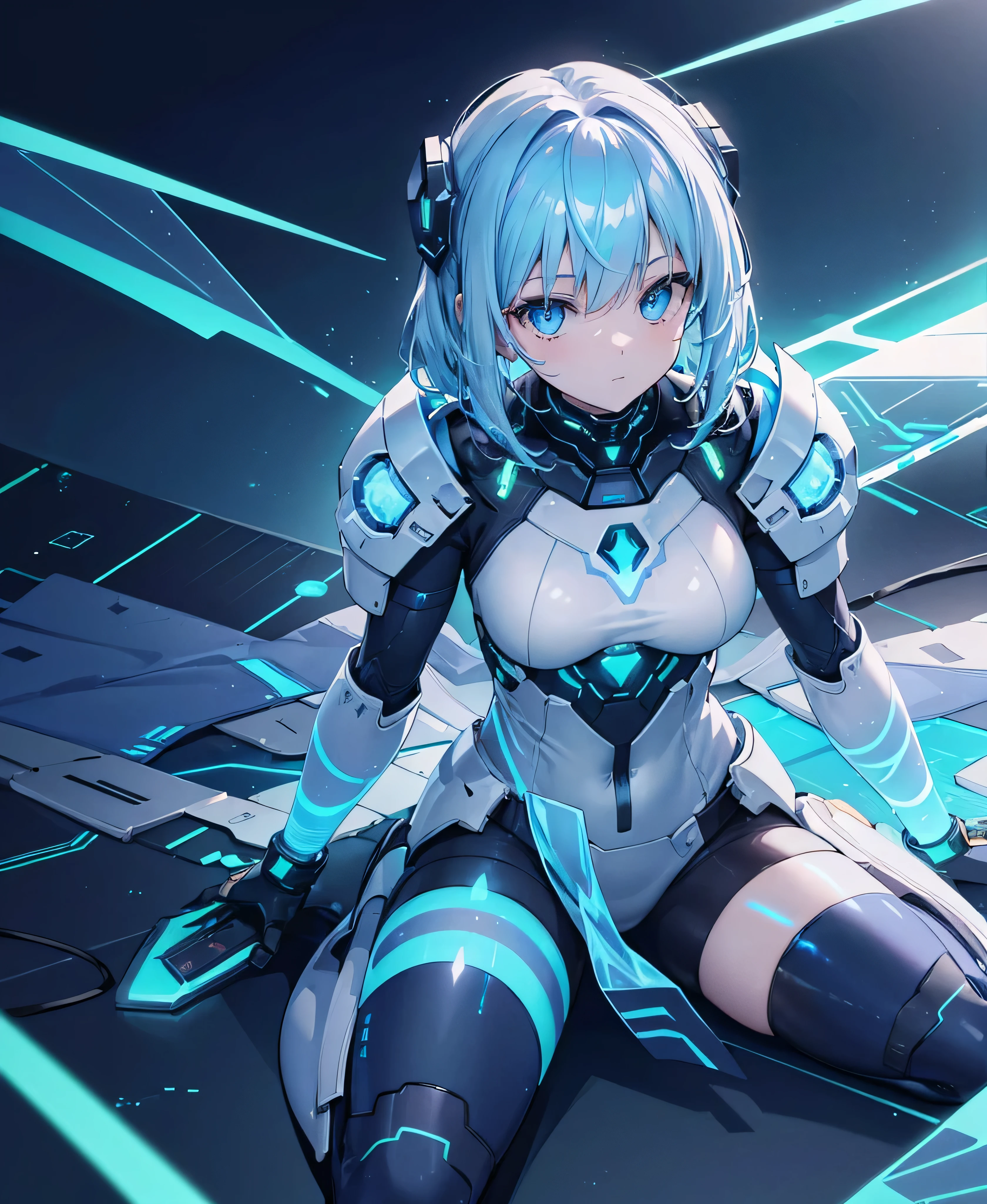 ((Holographic glow effect)),8k, Highest quality, (real:1.4), Original photo, 1 girl, Asari Hair, Biological Amplifier, refined armor, posture: Peace talks between warring factions, smart blue eyes,whole body