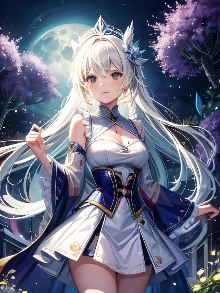 Ultra high definition, Delicate expression, Highest quality, expensive_solve, clear_image, Detailed Background ,girl, flower,garden,moon,