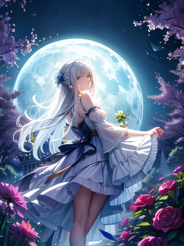 Ultra high definition, Delicate expression, Highest quality, expensive_solve, clear_image, Detailed Background ,girl, flower,garden,moon,