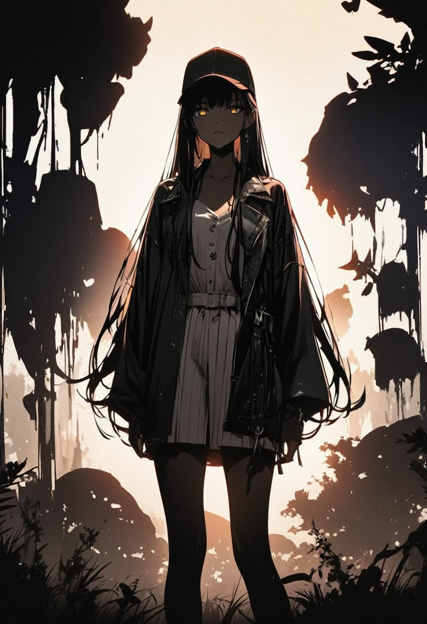 Highest quality、High resolution、masterpiece、long straight hair of black color、dark yellow eyes、Silver and red casual summer outfit、witch style、Silhouette composition