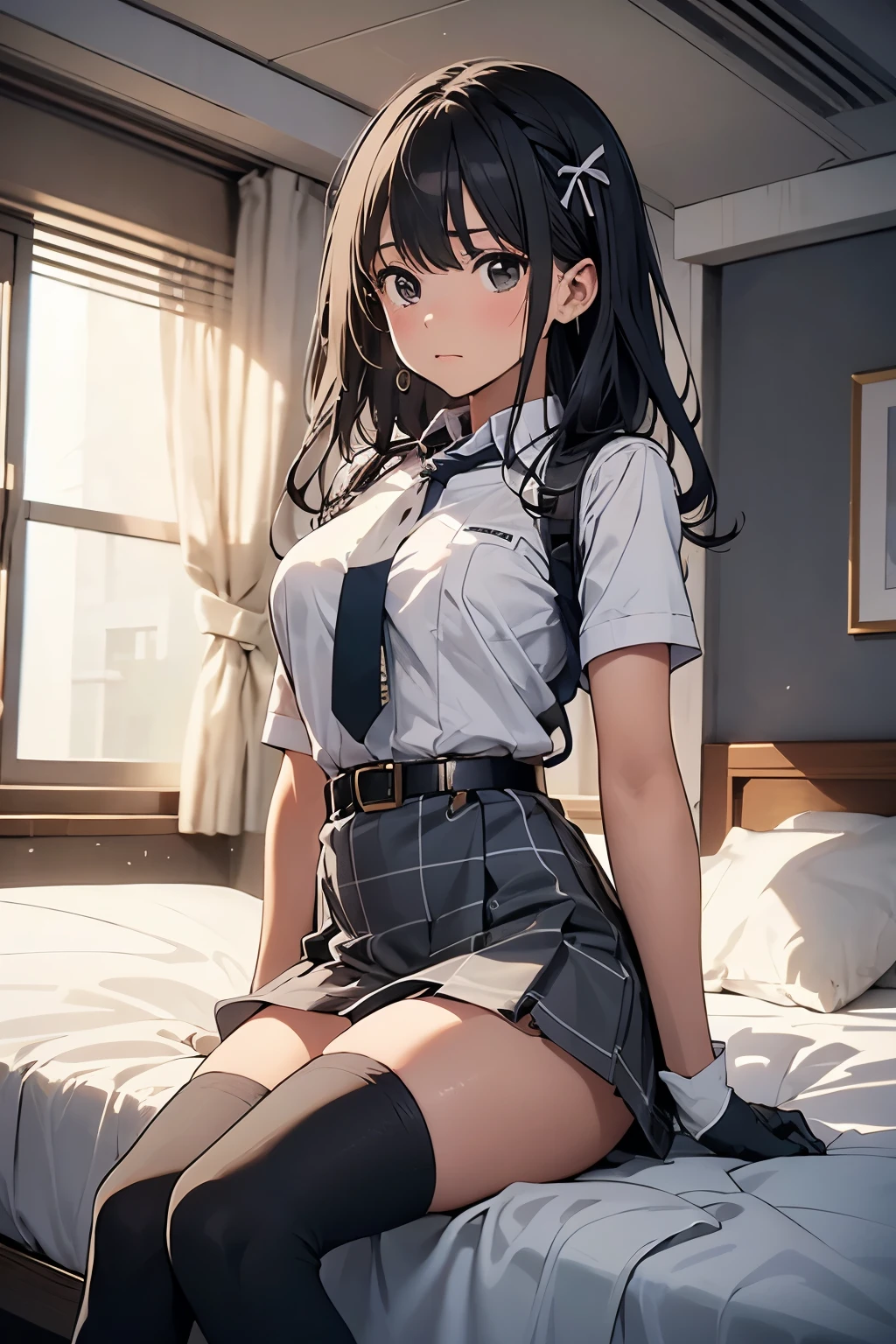 1 female, , high quality, masterpiece, Ultra-high resolution, , Cinema Lighting, , , And the suspenders with the cranes flying Moderate breasts Large Breasts Small face holster Lying in bed Looking up Sweat belt summer 脇Sweat Black Hole Gloves suit garterbelt Leg Links ズボンにbelt holster Hands behind your back Anxious expression Looking up Anxious face Knee-high Knee socks Knee-highソックス garterbelt garter ふとももにgarterbelt Checkered mini skirt Necktie Headband ribbon