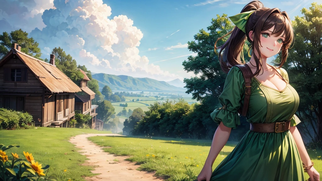 1girl, solo, village house, trees, sun, clouds, ((brown hair)), ponytail, large breasts, ((green dress)), cleavage 1:3, green eyes, smile, happy, looking at the viewer, standing, hair ribbon, golden necklate, wind