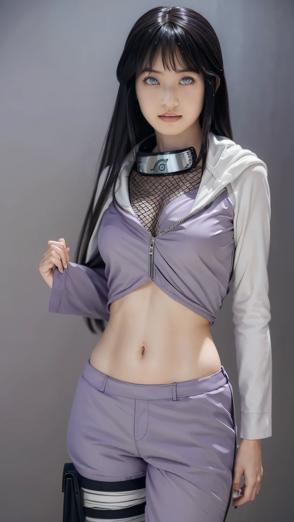 Moisturized skin, (bright gradient eyes), perfect body,
BREAK,
(beautiful navel), (kunoichi), (ninja), sexy, (kunai), (leather), fishnet, (fishnet stockings), (blushing), black clothes, (embarrassed expression: 1.3), (black hot pants: 1.3),
BREAK,
(long silky light lavender hair: 1.3), (long ends of bangs: 1.2), (straight bangs: 1.3), (Hyuga Hinata hairstyle),
BREAK,
((masterpiece + best quality + high resolution + highly detailed)), (full body: 1.2), symmetrical, one shot,
BREAK,
(city street), (wind blowing: 1.5),
BREAK,
(Imada Mio: 1.4), (Hyuga Hinata: 1.3), elegant,