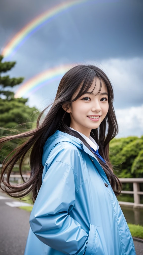Having long flowing hair、Very Beautiful Japan Woman。She is wearing a raincoat、She has striking bluish-black eyes and a bright smile.、Walking happily。There is a rainbow in the background。The image style is realistic.、It adds a touch of glamour.。