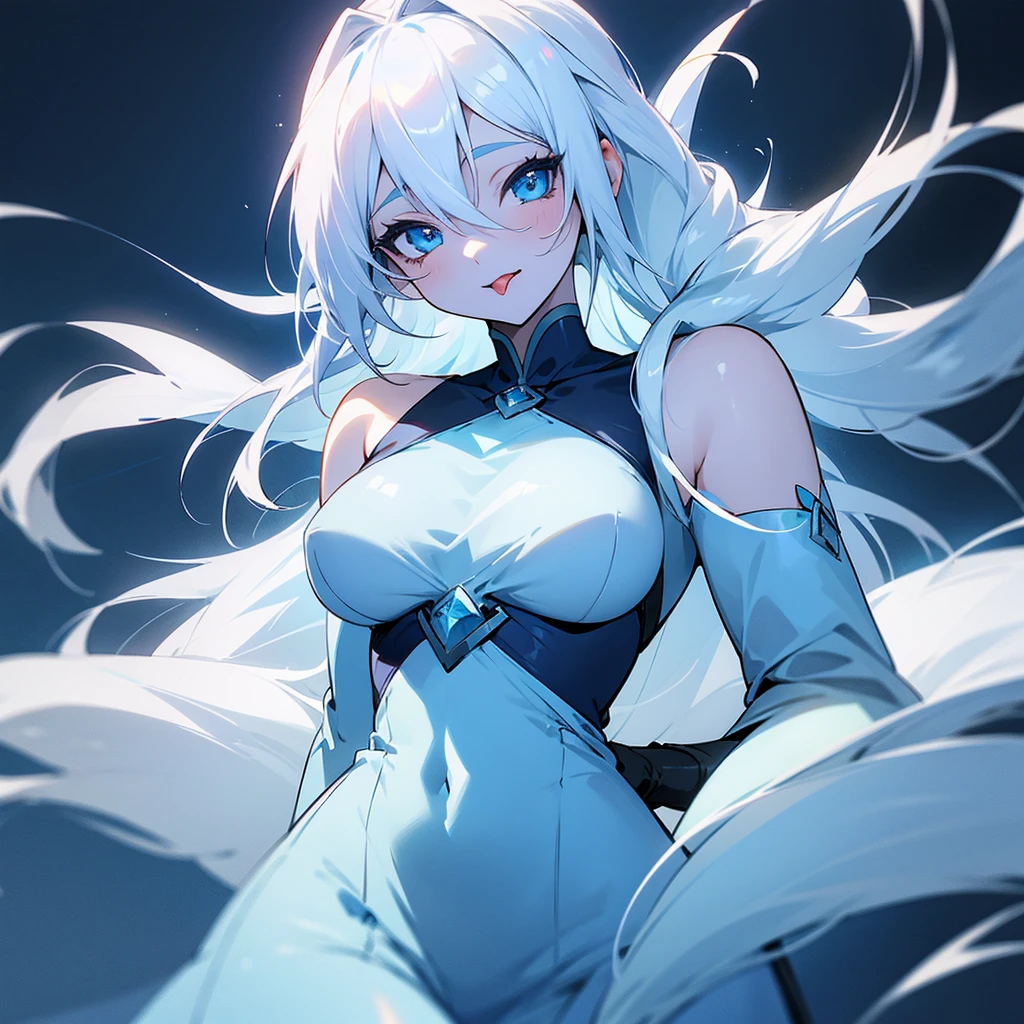 1girl, Blue eyes, Simple background, Hair Between Eyes, Long Hair, Tongue Out, White Hair, large breasts, Simple background, Anime Style, Blue Skin, revealing clothes, Blue Dress, Ice Queen