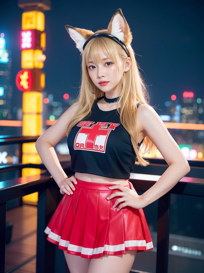 最high quality, masterpiece, 32K、Very detailed、Realistic、1 girl, Japanese women、Cute Face, (photo Actual:1.3),Medium Hair(Blonde Hair Color、Great brown hairstyles)、Edge lighting, (Skin with attention to detail:1.2), 8k超High resolution, Single-lens reflex camera, high quality, High resolution, 4K, 8k, Optimal ratio of four fingers to one thumb, (Actual:1.3), cute 1 girl, Realistic、Super Realistic、32K、Very detailed、masterpiece, 最high quality, beautiful girl, beauty、Mecha, Beautiful lighting, (Neon Light:1.2), (night:1.5), K-Pop Idol Costumes、Sleeveless outfit、Shorts、Large Breasts(big 、There is a valley)、Swiss flag t-shirt、Red and white cheerleader skirt、Fox ears headband、Are standing、Cyber Neon、Future City、Skyscraper、都会のnight、Shanghai、big cities、night景、綺麗なnight景