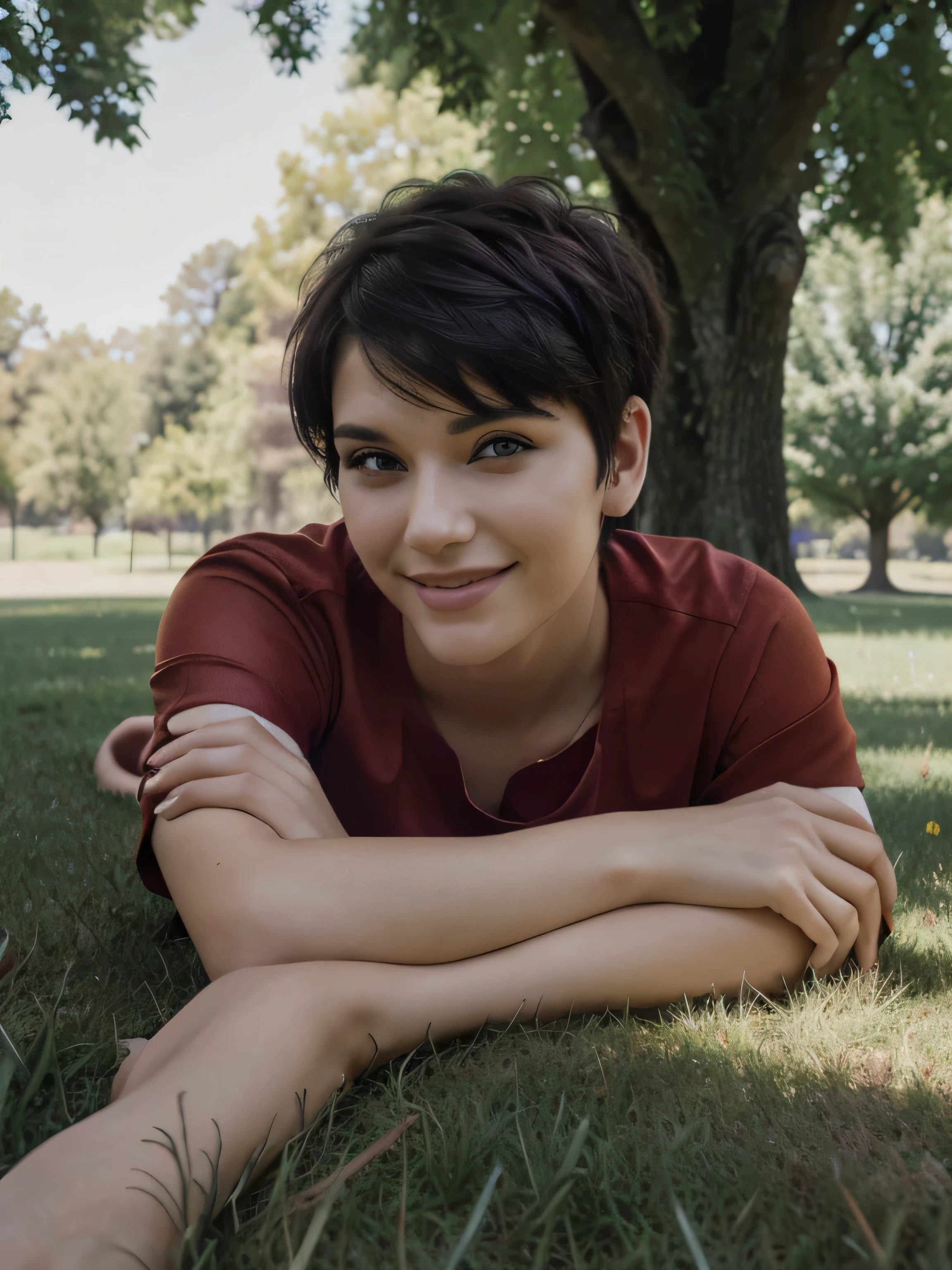 8k, RAW photo, best quality, ultra high resolution, photorealistic, (slim) girl, (black purple short undercut haircut), eye makup, smiling, lying in the floor, park, grass, trees, sitting in the grass, (red shirt), five fingers, perfect hands, high angle
