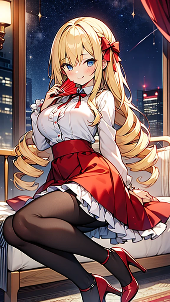 Amazing volume of blonde hair、Long drill hair、Big Breasts、Red evening dresini skirt、Dark black pantyhose、Red High Heels、Holding a fan 、smile, hyper cute girl,starry night sky,breasts clothes,silhouette,White blouse with ruffles,red ribbon,