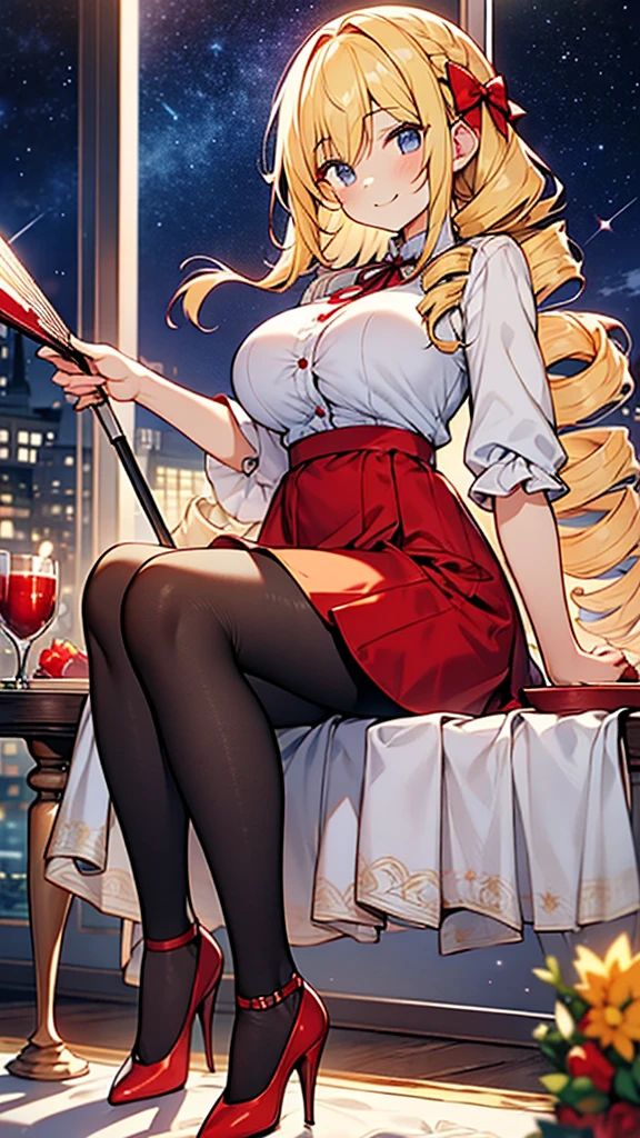 Amazing volume of blonde hair、Long drill hair、Big Breasts、Red evening dresini skirt、Dark black pantyhose、Red High Heels、Holding a fan 、smile, hyper cute girl,starry night sky,breasts clothes,silhouette,White blouse with ruffles,red ribbon,