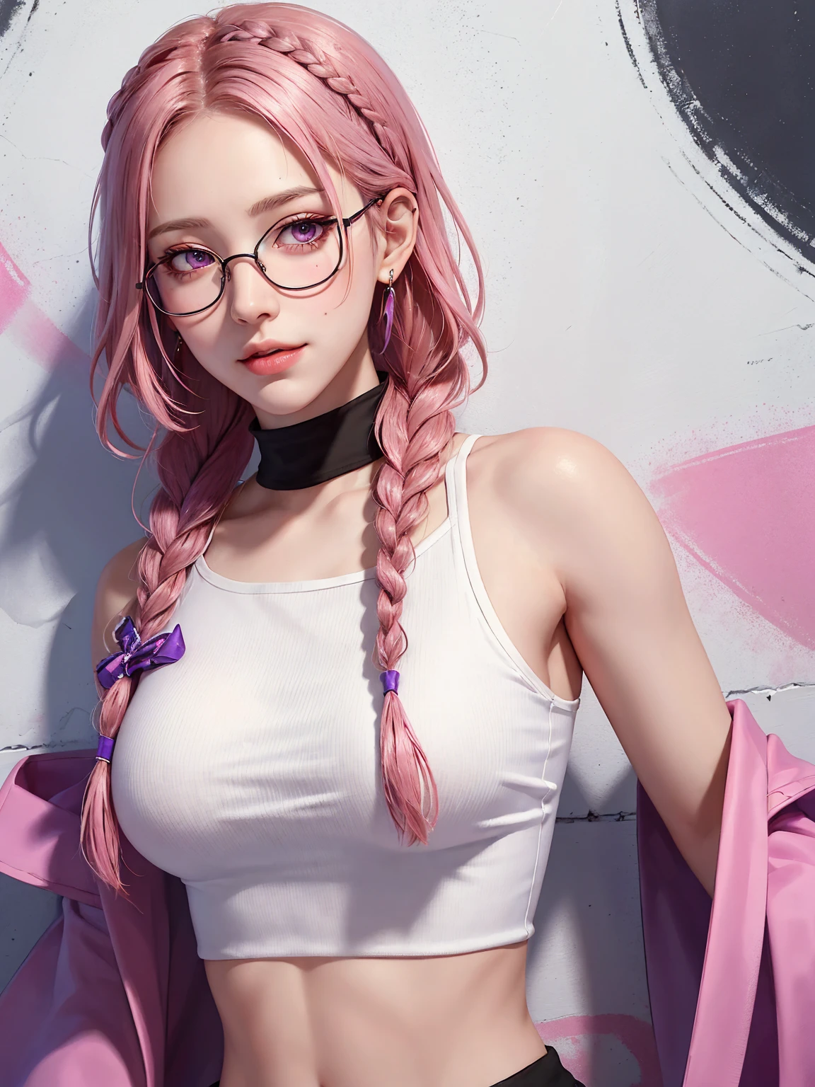 (Masterpiece, best quality, 1 girl, alone, complicated details, Chromatic aberration), realistic, ((Moderate breath)),long hair, pink hair, Red headpiece, Pink Highlights, hair on one eye,purple eyes, earring, sharp eyes, choker, Neon coat, She wears a collar, bangle, and kimono style garters., crop top, (symmetrical eyes),(Perfect symmetrical body),against the wall, Brick wall, (colorful graffiti words on the wall:1.2), The light is dim., alley ,Look at the viewer.、Dig the chest、smile、(sleeveless、Navel touch、Fitted turtleneck.)、street string hot pants、Thin bottom、Please build above the eaves..、Thin shoulders、1 Female,Brown Hair, ,((Anxious expression)),Beautiful breasts,School Swimsuit、Stylish,,(Look forward)(((Blushing、Surprised expression)),(((Braid))),((( Upper body portrait)))Frameless Glasses