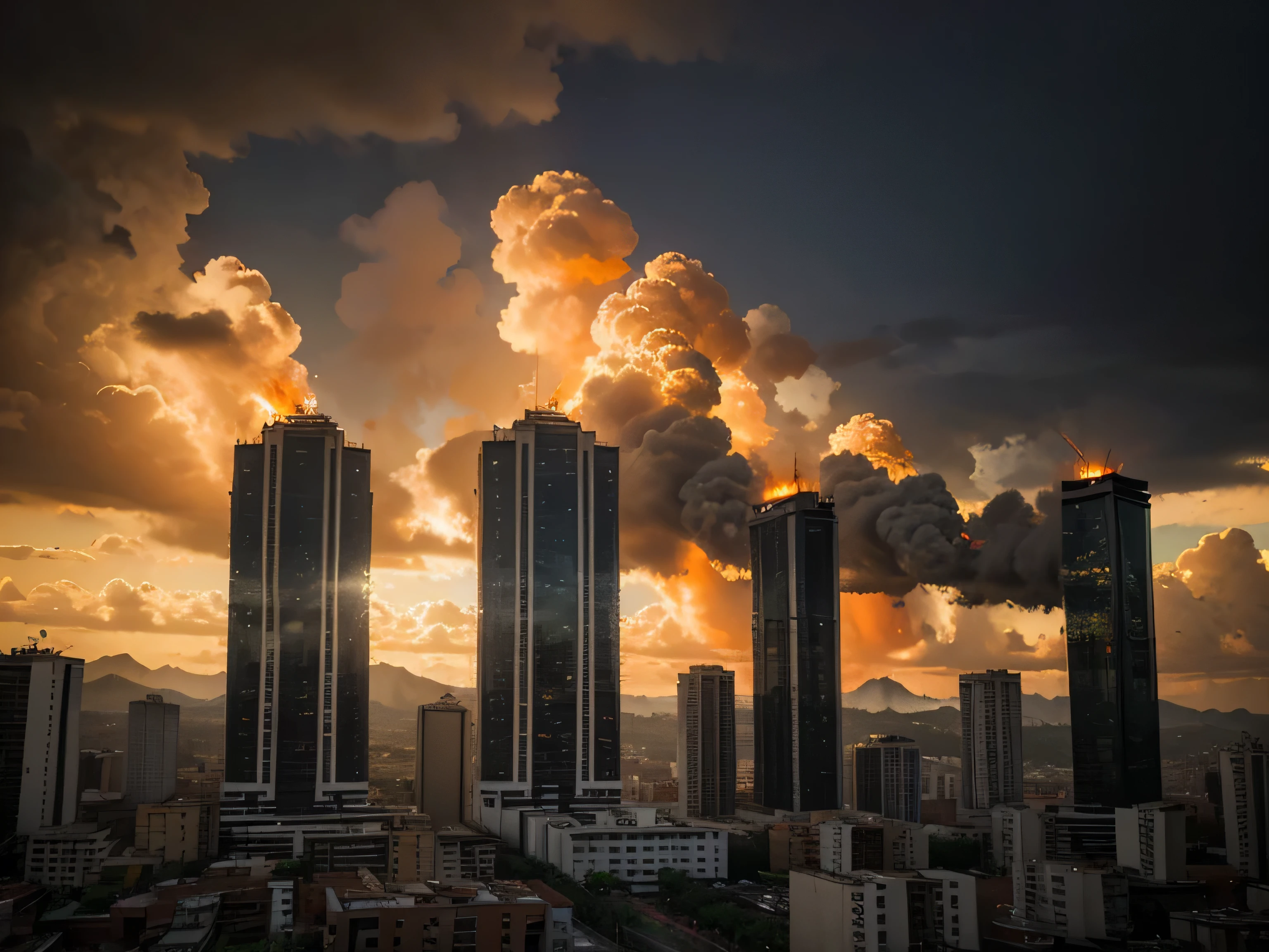 hyperrealistic image, the Towers of Parque Central in Caracas, venezuela, rise majestically against an orange, smoky sky. Fire twists around structures, creating a dramatic and apocalyptic effect. Building windows shine brightly, contrasting with the surrounding darkness