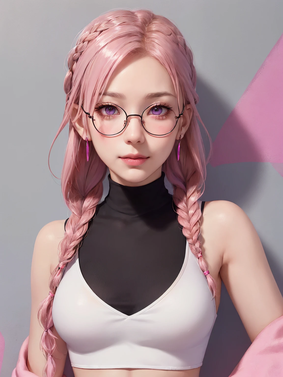 (Masterpiece, best quality, 1 girl, alone, complicated details, Chromatic aberration), realistic, ((Moderate breath)),long hair, pink hair, Red headpiece, Pink Highlights, hair on one eye,purple eyes, earring, sharp eyes, choker, Neon coat, She wears a collar, bangle, and kimono style garters., crop top, (symmetrical eyes),(Perfect symmetrical body),against the wall, Brick wall, (colorful graffiti words on the wall:1.2), The light is dim., alley ,Look at the viewer.、Dig the chest、smile、(sleeveless、Navel touch、Fitted turtleneck.)、street string hot pants、Thin bottom、Please build above the eaves..、Thin shoulders、1 Female,Brown Hair, ,((Anxious expression)),Beautiful breasts,School Swimsuit、Stylish,,(Look forward)(((Blushing、Surprised expression)),(((Braid))),((( Upper body portrait)))Frameless Glasses