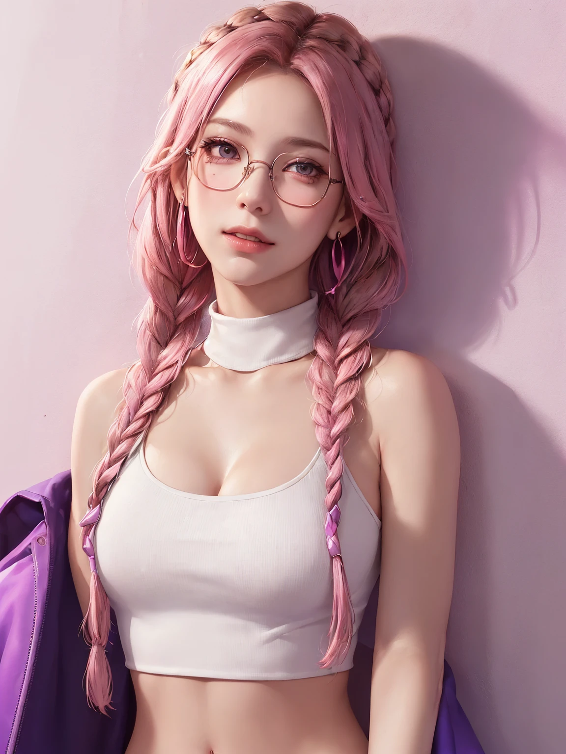(Masterpiece, best quality, 1 girl, alone, complicated details, Chromatic aberration), realistic, ((Moderate breath)),long hair, pink hair, Red headpiece, Pink Highlights, hair on one eye,purple eyes, earring, sharp eyes, choker, Neon coat, She wears a collar, bangle, and kimono style garters., crop top, (symmetrical eyes),(Perfect symmetrical body),against the wall, Brick wall, (colorful graffiti words on the wall:1.2), The light is dim., alley ,Look at the viewer.、Dig the chest、smile、(sleeveless、Navel touch、Fitted turtleneck.)、street string hot pants、Thin bottom、Please build above the eaves..、Thin shoulders、1 Female,Brown Hair, ,((Anxious expression)),Beautiful breasts,School Swimsuit、Stylish,,(Look forward)(((Blushing、Surprised expression)),(((Braid))),((( Upper body portrait)))Frameless Glasses