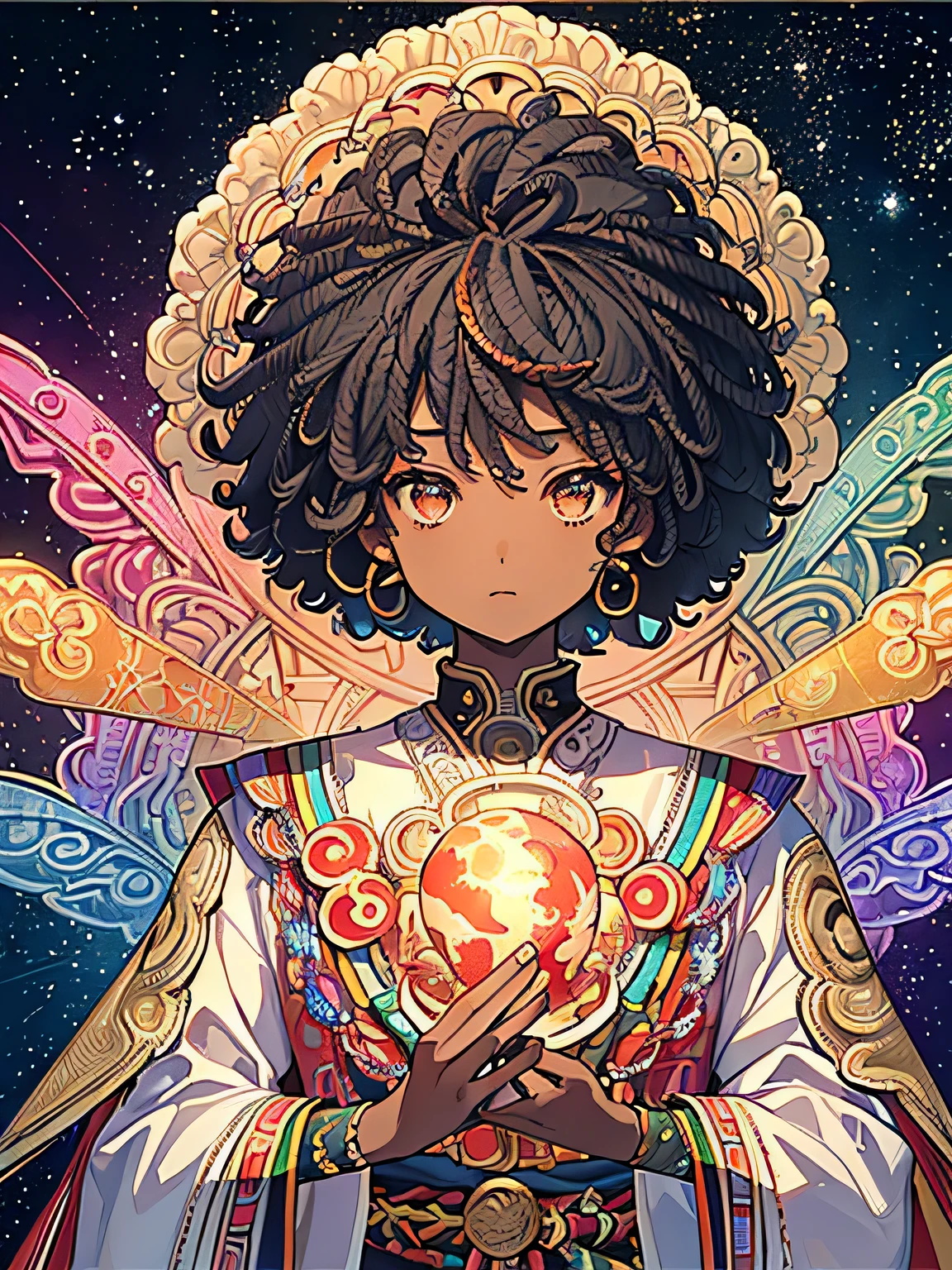 (masterpiece、Highest quality、Highest quality、Afrocentricpaiting(Afro)、African American Official Art、Beautiful and aesthetic black skin:1.2)、(One Girl:1.3)、(Fractal Art:1.3)、Upper body、Looking at the audience、pattern、(Rainbow Hair、Colorful Hair、African Ink、cloud、Starry Sky、performer、Rough Kanji、