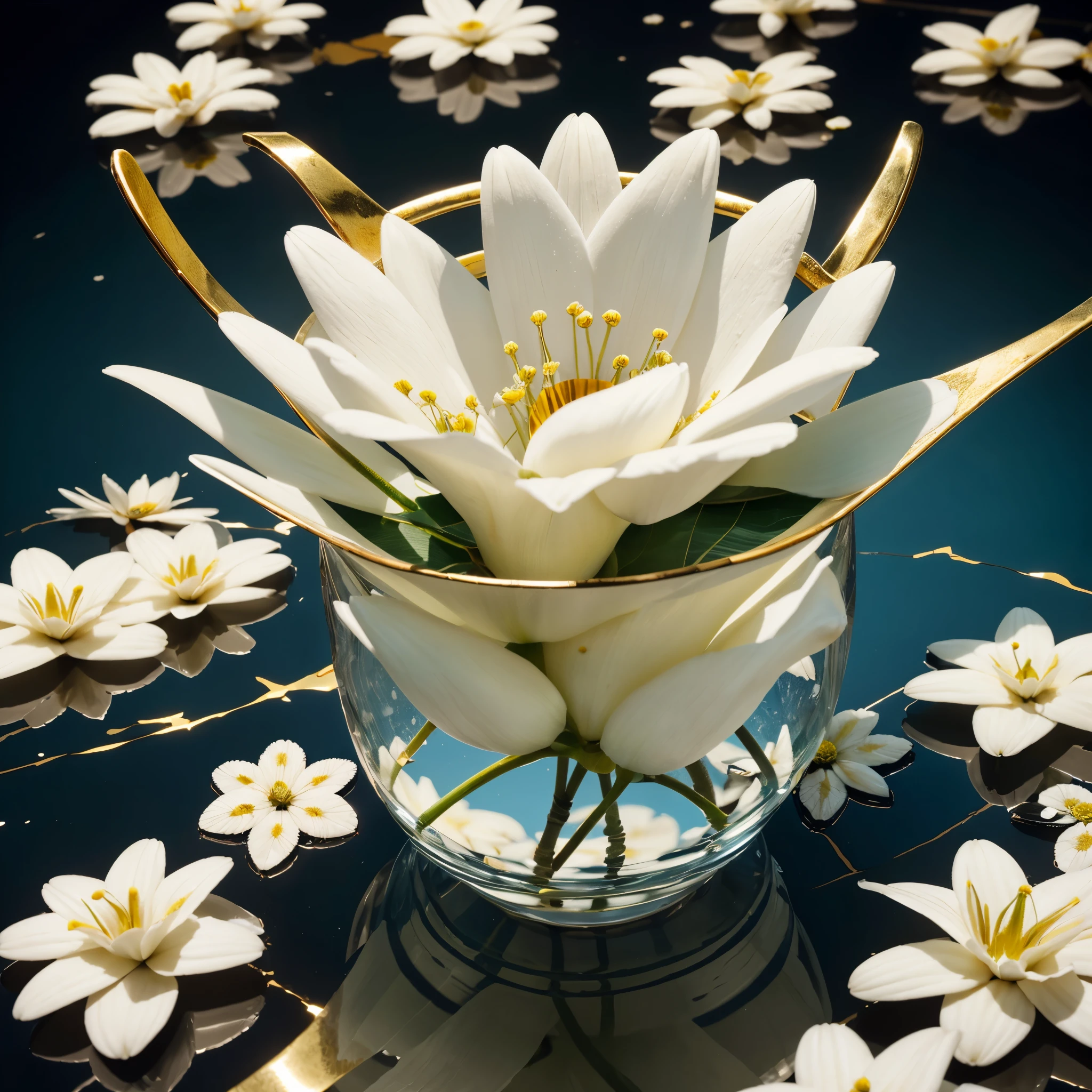 (white flower:1.4) inside kintsugi lacquer vase, on water, (water reflection:1.2), super details, sharp focus, natural lighting, depth of field, vibrant,