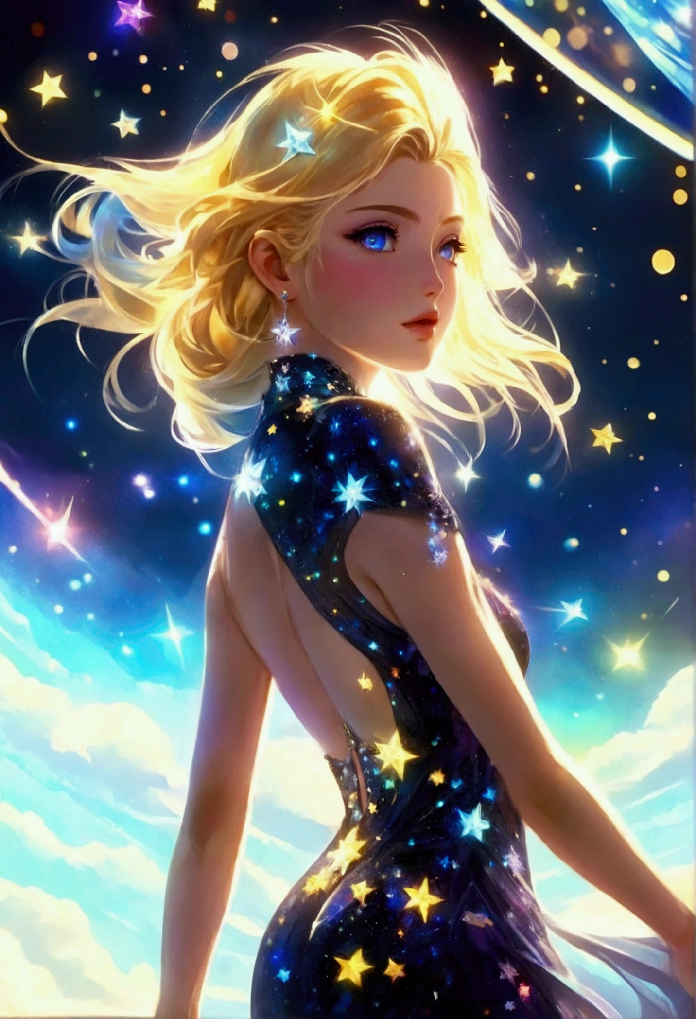 a glamour ((full body: 1.5)) picture shot, of an elite model covered in stars, walking on a (dark catwalk: 1.2), an extraordinary glamourous elite female model, ((full body: 1.5)),  ((anatomically correct: 1.5), (ultra detailed face: 1.2), best detailed face, yrllow hair, long hair, lush hair, glam hair cut, blue eyes, delicate face, light make up, wearing intricate detailed dress, glamour dress, haute couture dress, elite fashion dress, black as night dress, decorated with bright stars, starlight,  small cleavage, wearing high heels, elegant high heels, she wears diamond necklace, she is glows in a soft starry light, she walks on (asteroid catwalk: 1.2), elite fashion show background, vibrant, Hyperrealism style, vibrant, Ultra-high resolution, High Contrast, (masterpiece:1.5), highest quality, Best aesthetics), best details, best quality, highres, ultra wide angle, 16k, [ultra detailed], masterpiece, best quality, (extremely detailed) RAW, chumbasket art style, photograph, photograph