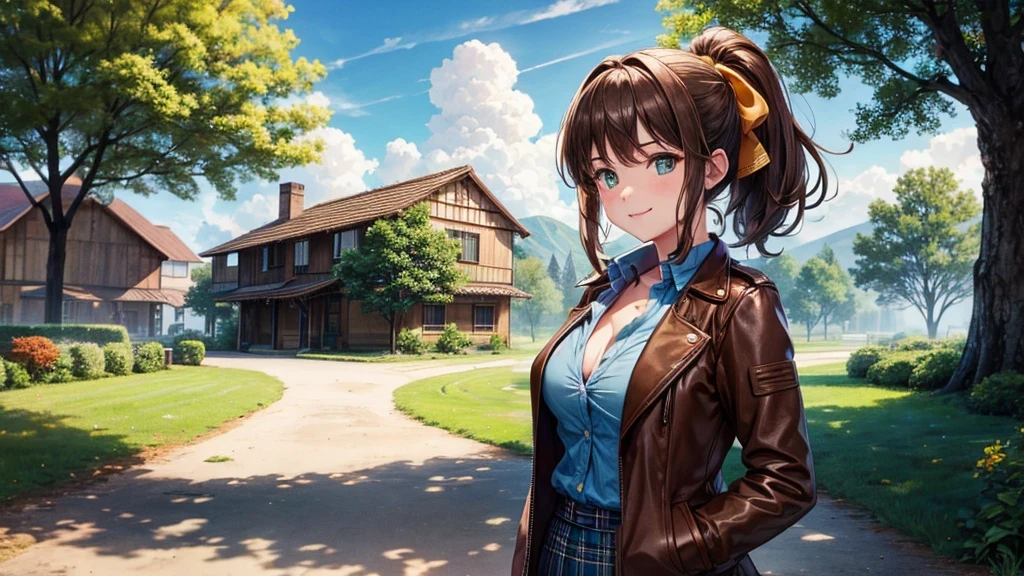 1girl, solo, village house, trees, sun, clouds, ((brown hair)), ponytail, large breasts, ((brown leather jacket)), button down shirt, ((blue checked shirt)), ((unbuttoned shirt)), unbuttoning buttons, cleavage 1:3, green eyes, long skirt, brown boots, smile, happy, looking at the viewer, standing, hair ribbon, golden necklate, wind