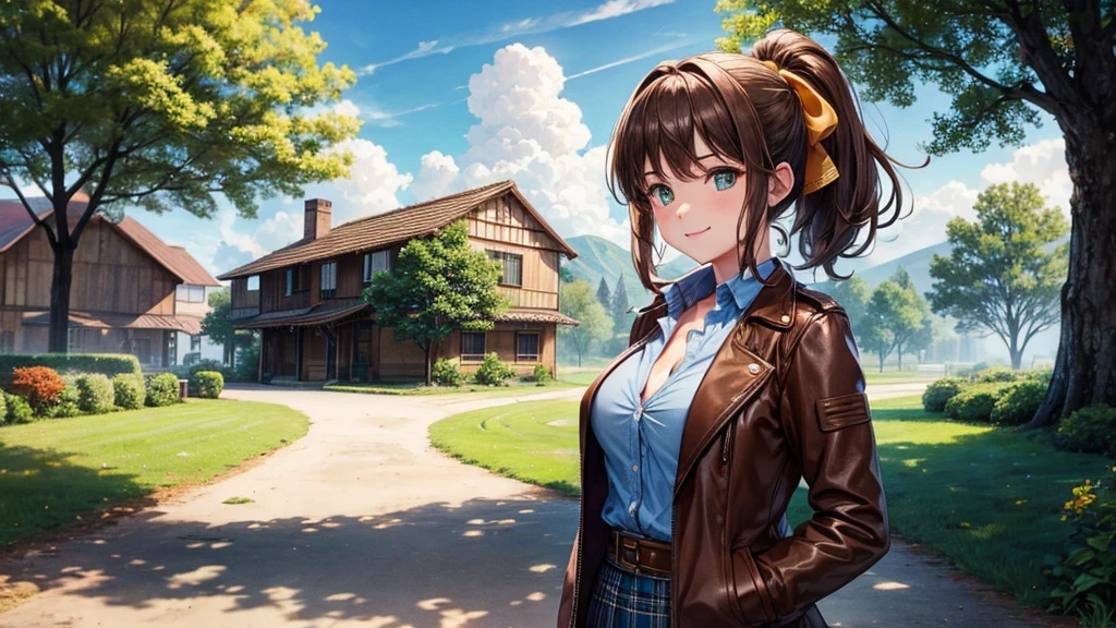 1girl, solo, village house, trees, sun, clouds, ((brown hair)), ponytail, large breasts, ((brown leather jacket)), button down shirt, ((blue checked shirt)), ((unbuttoned shirt)), unbuttoning buttons, cleavage 1:3, green eyes, long skirt, brown boots, smile, happy, looking at the viewer, standing, hair ribbon, golden necklate, wind