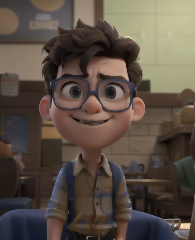 There is a small boy wearing glasses and a blue shirt, squinting your eyes, at a restaurant, Disney Pixar 3D cute style