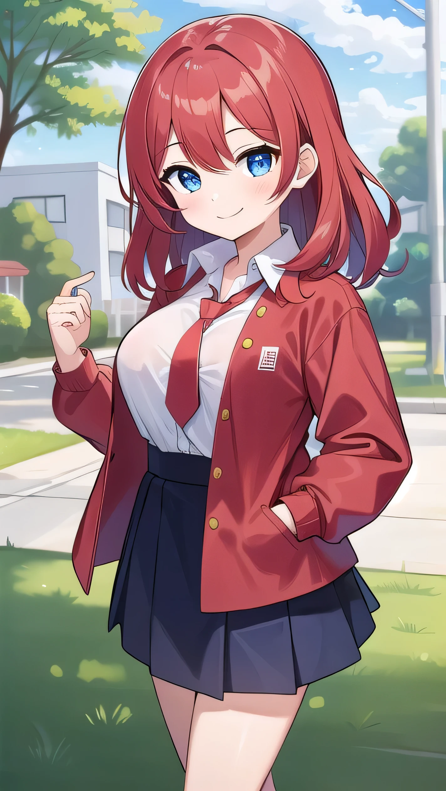 Big breasts, red hair, blue eyes, droopy eyes, red jacket, long sleeves, navy skirt, elementary school student, (super big breasts:1.1), (medium hair: 1.2), baggy clothes, elementary school student, young face, short height, 10 years old, old, shy A shy guy, smiling a little, trying to open the buttons of his shirt, white shirt, red tie，(straight hair:1.2) , gentle smile, a little smile