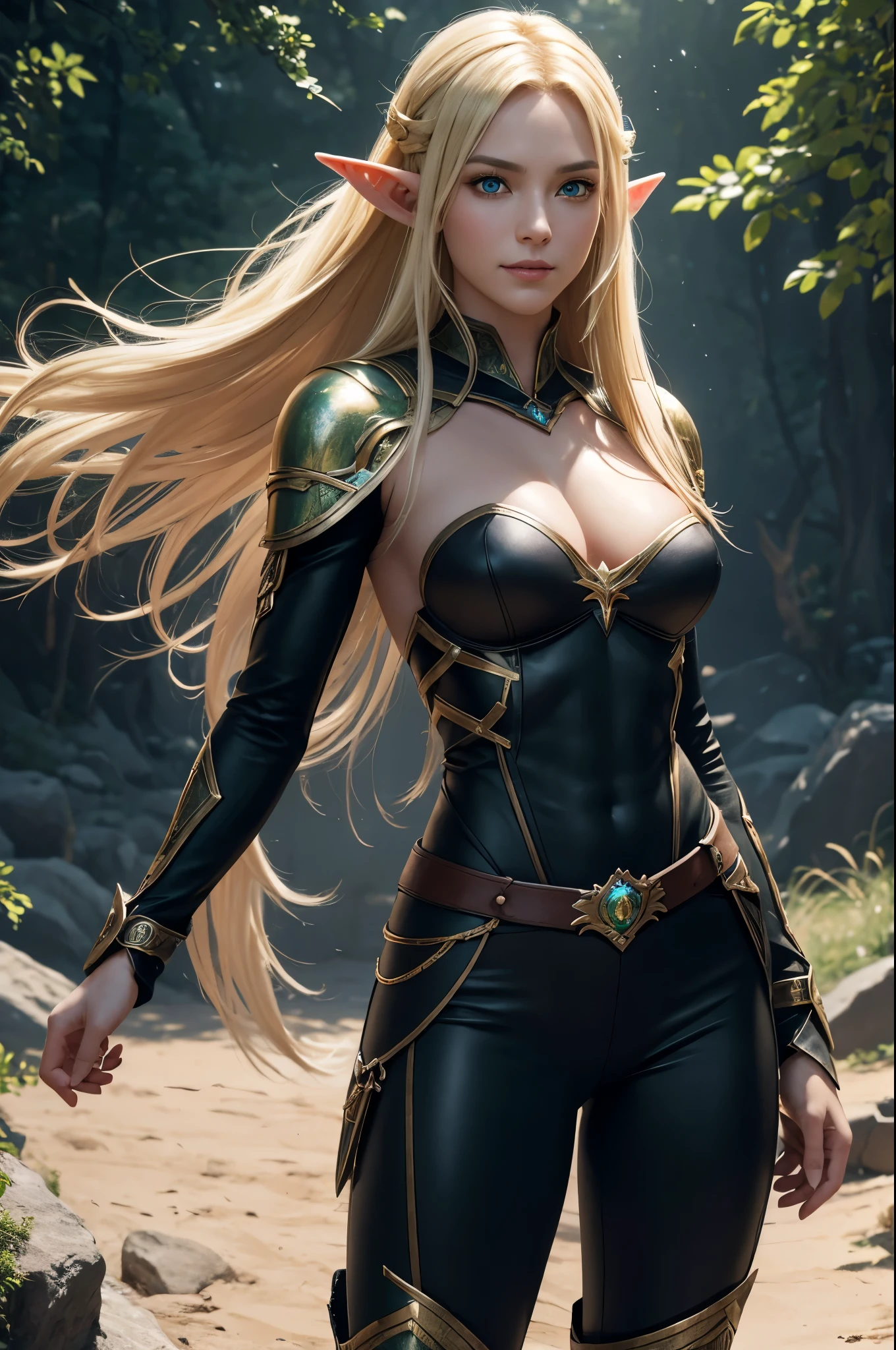 8k,An elf woman who serves as the vice-commander of the Brave Knights..,so beautiful(Like the real thing),Green Eyes,Elf Ears,Blonde Straight Hair,Muscular and slim body,Strongly defined abdominal muscles,Luxurious black exterior,Luxury Black Combat Pants,Very big smile,Long, narrow eyes,masterpiece,Photorealistic RAW photos of the highest quality。Bright colors,Rich colors, Backlight, Cinema Lighting, Film Grain, to be born, 50mm lens, Nikon D850,Realistic Skin,Fantasy art,Character Art,Ultra-high resolution,Realistic scale skins,Perfect hand shape,View your viewers,Beautiful expression,1 comb&#39;hair,Very small breasts,Gorgeous black very small chest armor,Luxurious black shoulder pad,Luxurious black gauntlets,Luxurious black armour,Luxurious black leg armor,View your viewers,Thin breastplate,Top view,close,Sharp Eyes,Dynamic fighting pose,Very small breasts,German,Muscular Beauty,Hard and strong abs,Makeup,