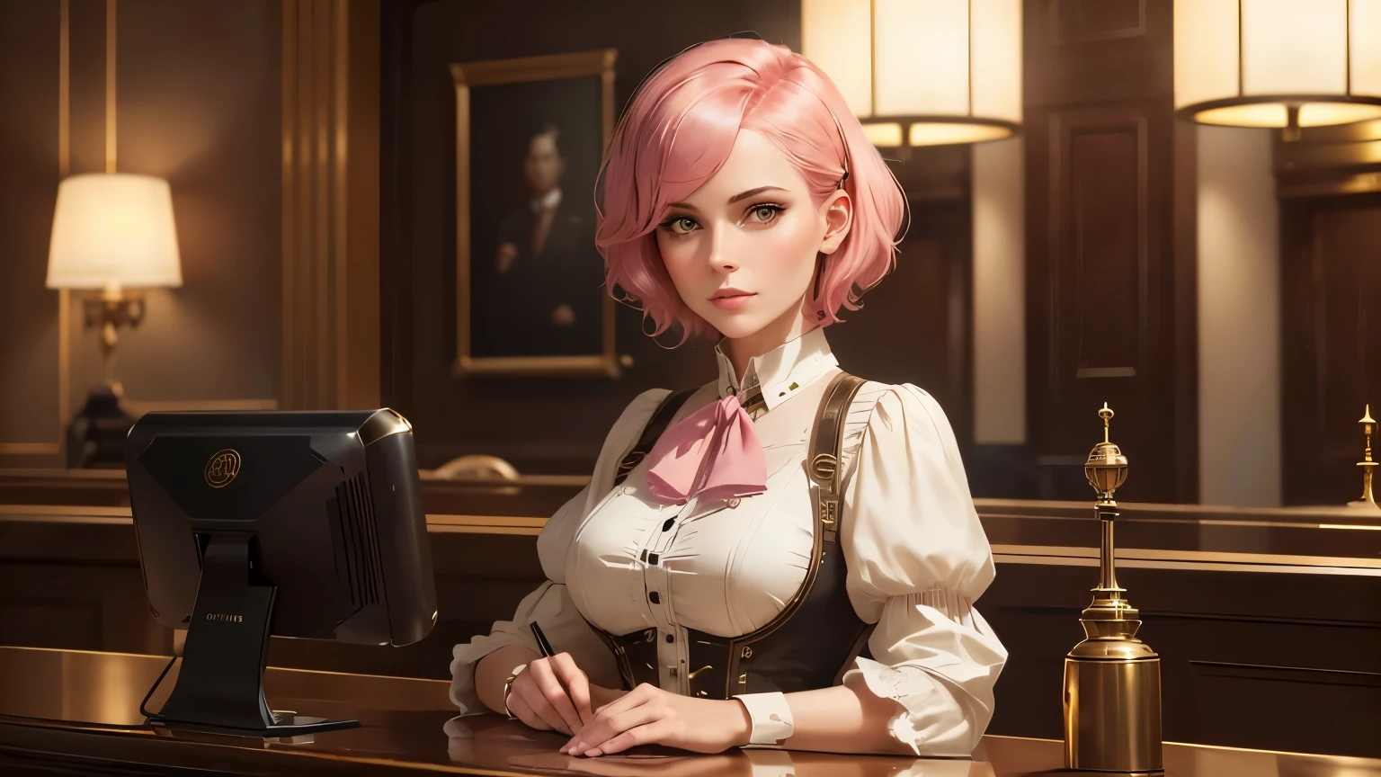 Louise, the receptionist: A new character named Louise, she has short pink hair and a . She is wearing professional receptionist attire, including a stylish blouse and skirt in the steampunk style, similar to the attire in the provided image. The setting is an elegant hotel lobby in the style of GroundTown, with intricate steampunk decor, gears, and brass accents. Louise is seated behind the reception desk, ready to assist guests. Oil painting style, beautiful perfect face, soft skin, complex details, 8k resolution, masterpiece quality, cute face, welcoming and professional demeanor, in an elegant steampunk hotel lobby.