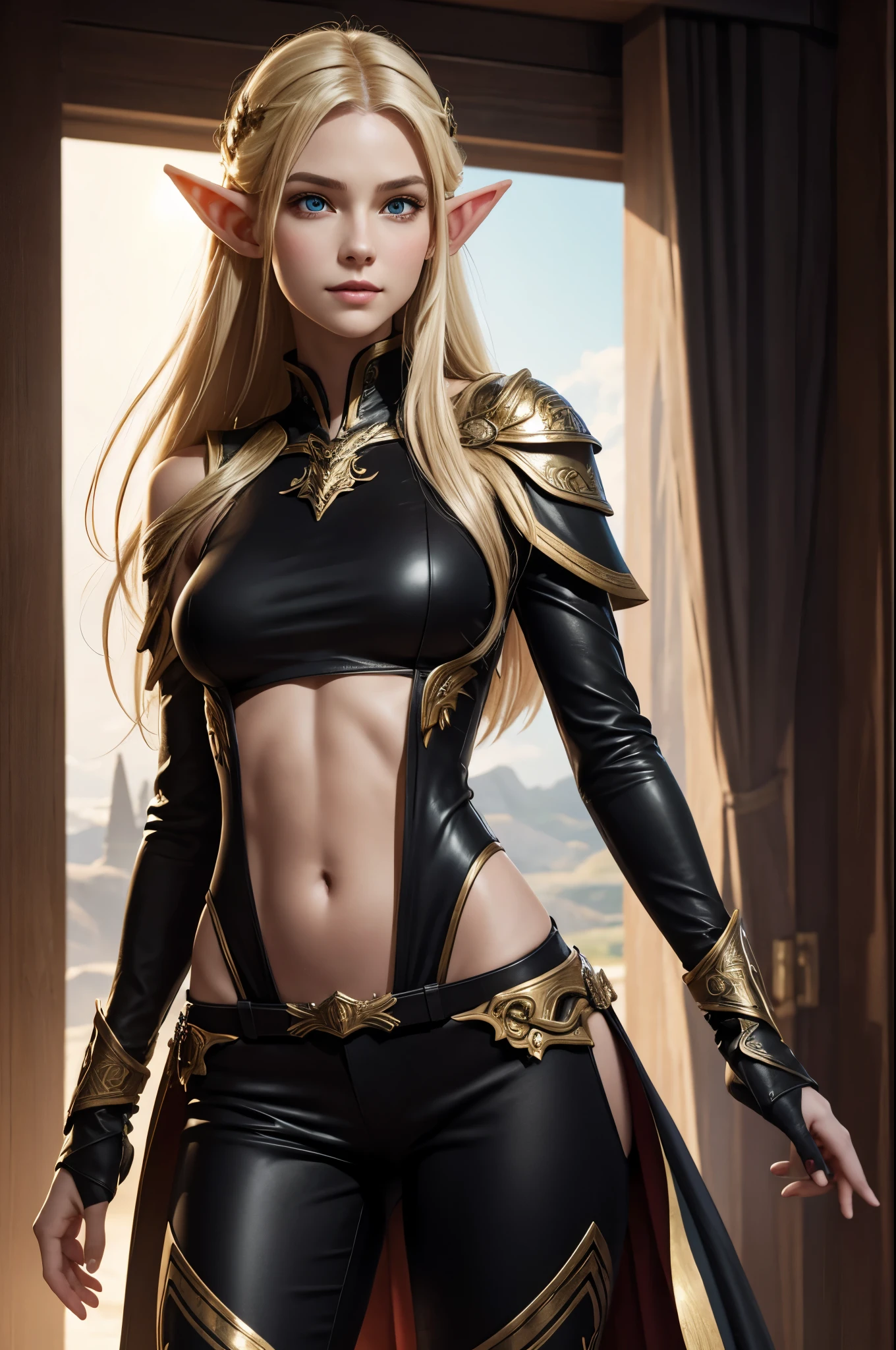 8k,An elf woman who serves as the vice-commander of the Brave Knights..,so beautiful(Like the real thing),Green Eyes,Elf Ears,Blonde Straight Hair,Muscular and slim body,Strongly defined abdominal muscles,Luxurious black exterior,Luxury Black Combat Pants,Very big smile,Long, narrow eyes,masterpiece,Photorealistic RAW photos of the highest quality。Bright colors,Rich colors, Backlight, Cinema Lighting, Film Grain, to be born, 50mm lens, Nikon D850,Realistic Skin,Fantasy art,Character Art,Ultra-high resolution,Realistic scale skins,Perfect hand shape,View your viewers,Beautiful expression,1 comb&#39;hair,Very small breasts,Gorgeous black very small chest armor,Luxurious black shoulder pad,Luxurious black gauntlets,Luxurious black armour,Luxurious black leg armor,View your viewers,Thin breastplate,Top view,close,Sharp Eyes,Dynamic fighting pose,Very small breasts,German,Muscular Beauty,Hard and strong abs,Makeup,