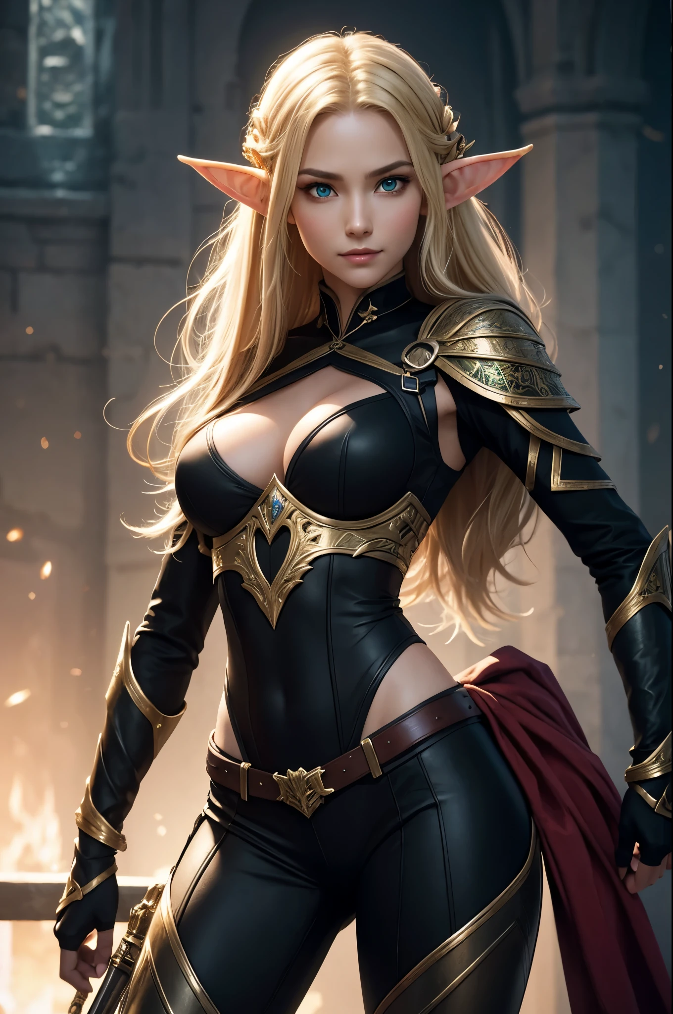 8k,An elf woman who serves as the vice-commander of the Brave Knights..,so beautiful(Like the real thing),Green Eyes,Elf Ears,Blonde Straight Hair,Muscular and slim body,Strongly defined abdominal muscles,Luxurious black exterior,Luxury Black Combat Pants,Very big smile,Long, narrow eyes,masterpiece,Photorealistic RAW photos of the highest quality。Bright colors,Rich colors, Backlight, Cinema Lighting, Film Grain, to be born, 50mm lens, Nikon D850,Realistic Skin,Fantasy art,Character Art,Ultra-high resolution,Realistic scale skins,Perfect hand shape,View your viewers,Beautiful expression,1 comb&#39;hair,Very small breasts,Gorgeous black very small chest armor,Luxurious black shoulder pad,Luxurious black gauntlets,Luxurious black armour,Luxurious black leg armor,View your viewers,Thin breastplate,Top view,close,Sharp Eyes,Dynamic fighting pose,Very small breasts,German,Muscular Beauty,Hard and strong abs,Makeup,