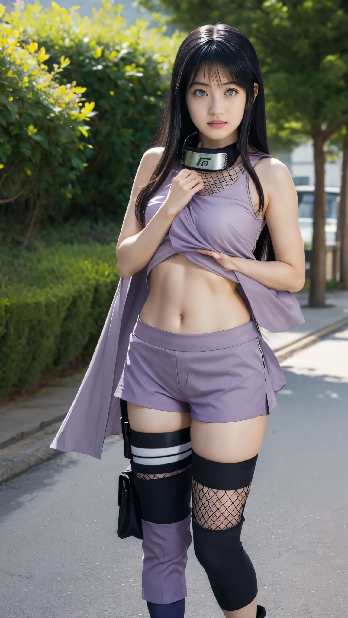 Moisturized skin, (bright gradient eyes), perfect body,
BREAK,
(beautiful navel), (kunoichi), (ninja), sexy, (kunai), (leather), fishnet, (fishnet stockings), (blushing), black clothes, (embarrassed expression: 1.3), (black hot pants: 1.3),
BREAK,
(long silky light lavender hair: 1.3), (long ends of bangs: 1.2), (straight bangs: 1.3), (Hyuga Hinata hairstyle),
BREAK,
((masterpiece + best quality + high resolution + highly detailed)), (full body: 1.2), symmetrical, one shot,
BREAK,
(city street), (wind blowing: 1.5),
BREAK,
(Imada Mio: 1.4), (Hyuga Hinata: 1.3), elegant,