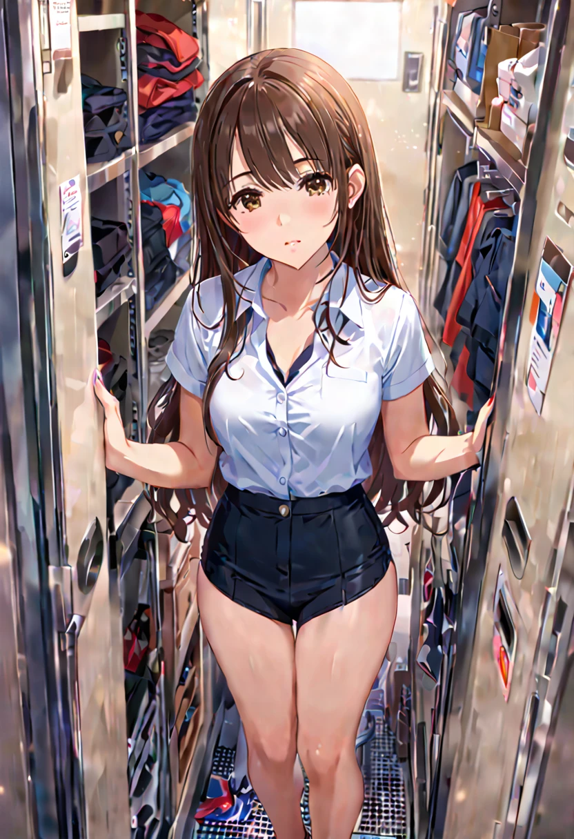 (((masterpiece) (((((Highest quality))))((high resolution))))), Very detailed, Ultra-realistic, )、、lockerルーム、Open shirt、White Bra、White panties、Brown Hair、、locker、Change of clothes、((Expressionless))、From above.stand