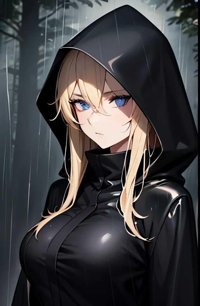 blonde,He is wearing a long black raincoat over a tight black suit.,Put on the hood,blue eyes,Large Breasts,thin,Serious face,rain,forest,night,Downward,Gloomy face,