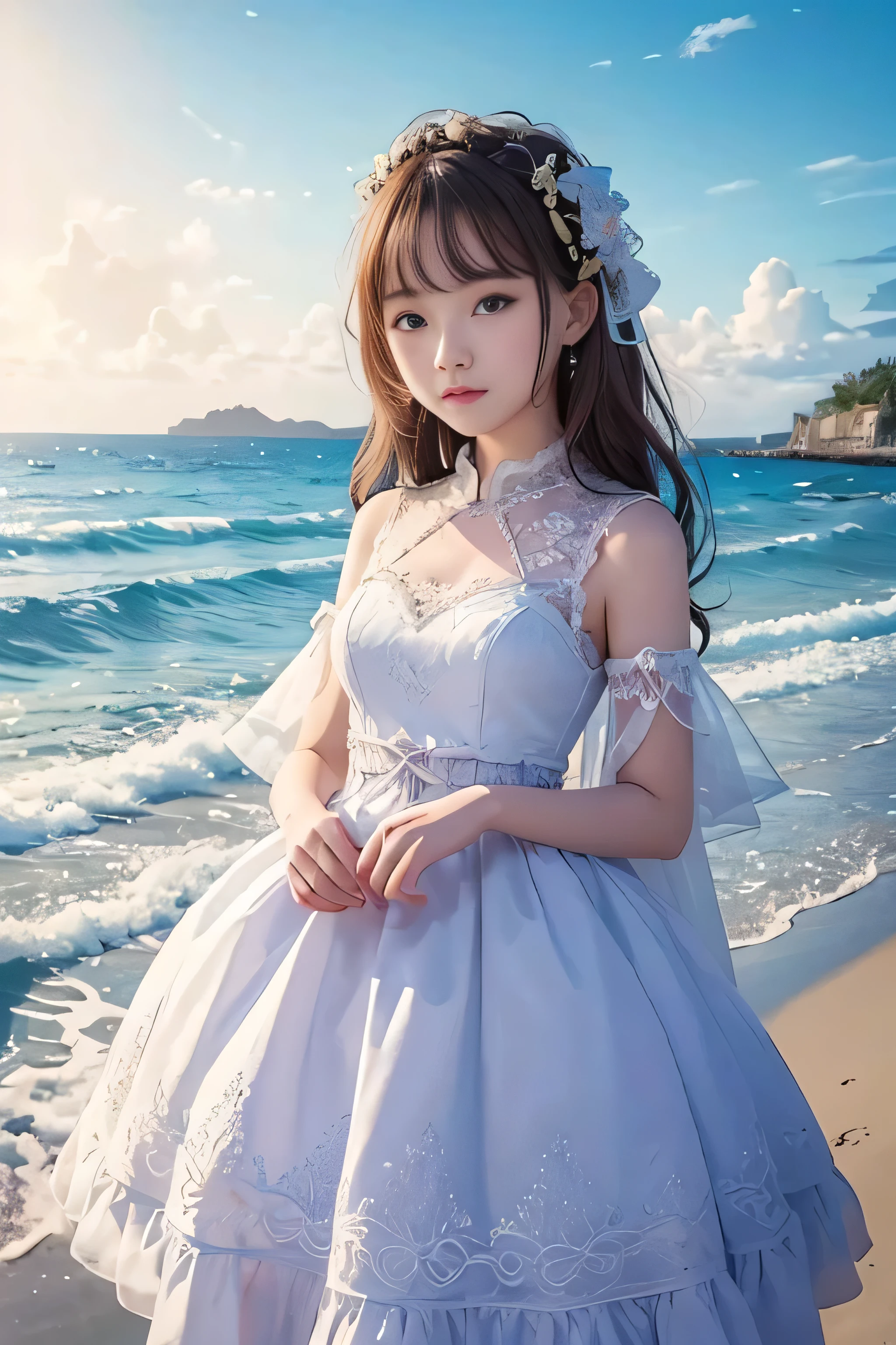 (RAW quality:1.4), masterpiece、background（（Sea side、Sandy Beach））、、Beautiful girl、Very intricate embroidery on the dress、Skirt、