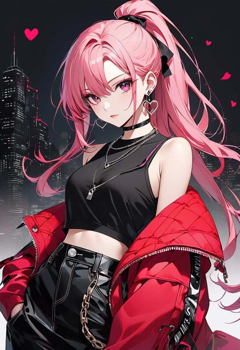 Create an anime-style image of a stylish young woman with long, flowing pink hair tied in a high ponytail。she、A red jacket and a black crop top slipping off her shoulders、And heart-shaped earrings、choker、Layered necklaces and more々wearing accessories。The background is dark and subdued、Enhances her vibrant look。The overall tone is modern and edgy.、Focus on making your character look confident and fashionable。