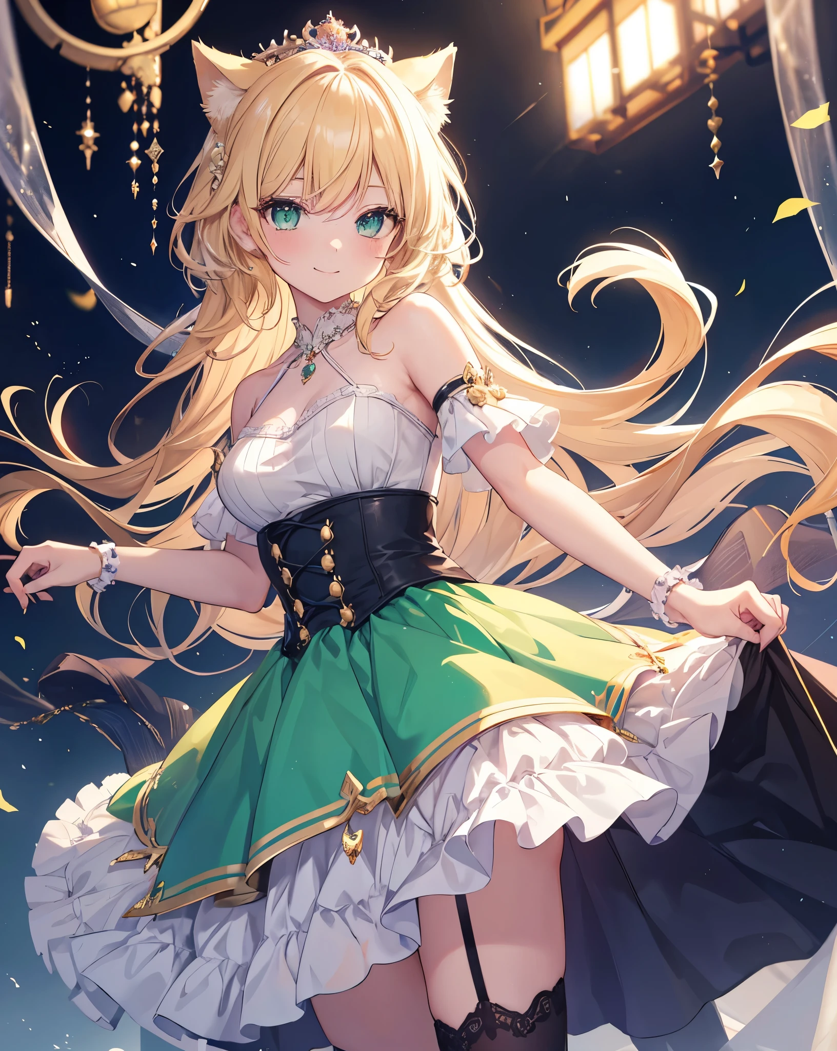 (Sketches),(eyelash:1.3), she is at He is at a nineteenth-century ball, shit slightly from the above, face focus ,watching me , High Resolution, Cute 1Girl, neko ears, cat tail, Beautiful and fine details, Long blonde hair, vibrant and vivid green eyes, Original black and white Costumes, bare shoulders, stockings, Princess Dress, crystals reflecting, imagenery, scenery. She's the princess. Cinematic sunflare. she is smiling and very happy, people around has are dancing, He's holding out his hand to me for a dance 