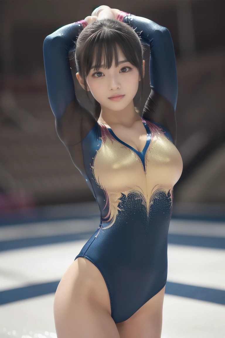 ((indoor, 新gymnastics arena, gymnastics arena:1.3)), ((Highly detailed skin), Beautiful realistic face, White skin, Pointed Chest, Small nipples, Perfect Anatomy, Realistic eyes, Natural eyes, Brown eyes, Accurate eye focus, Accurate limbs), (Hyper Realist, Ultra-realistic, 4K, Attention to detail, Ultra-high resolution, Highest quality, masterpiece, before, dynamic, boost mood, bold, Sharpness), (Thinning hair:2, Soft Hair:2, Straight hair:1.5, length, sleek bangs, Light copper amber hair, Hair on one eye, Twin tail hair), (Female gymnast, Detailed costume, She was wearing a tight-fitting long-sleeved leotard..:1.5), Glossy long-sleeved leotard, Metallic Color長袖レオタード, Racing Long Sleeve Leotard, ((High leg long sleeve leotard, length sleeve leotard with crystal embellishment)), ({Metallic Red Color| Metallic purple color| Metallic white color| Metallic navy color| Metallic pink color| Metallic gold color| Metallic silver color| metallic black color| Metallic Color}length sleeve leotard colors), (Big Breasts:1.5), expensive, Elongated arms and legs, Narrow waist, Small hips, The long-sleeved leotard is digging into her butt, Spread your legs, barefoot, Full body portrait, Photograph the whole body, Looking into the camera, Looking into the camera, smile, (Underhair does not grow back),