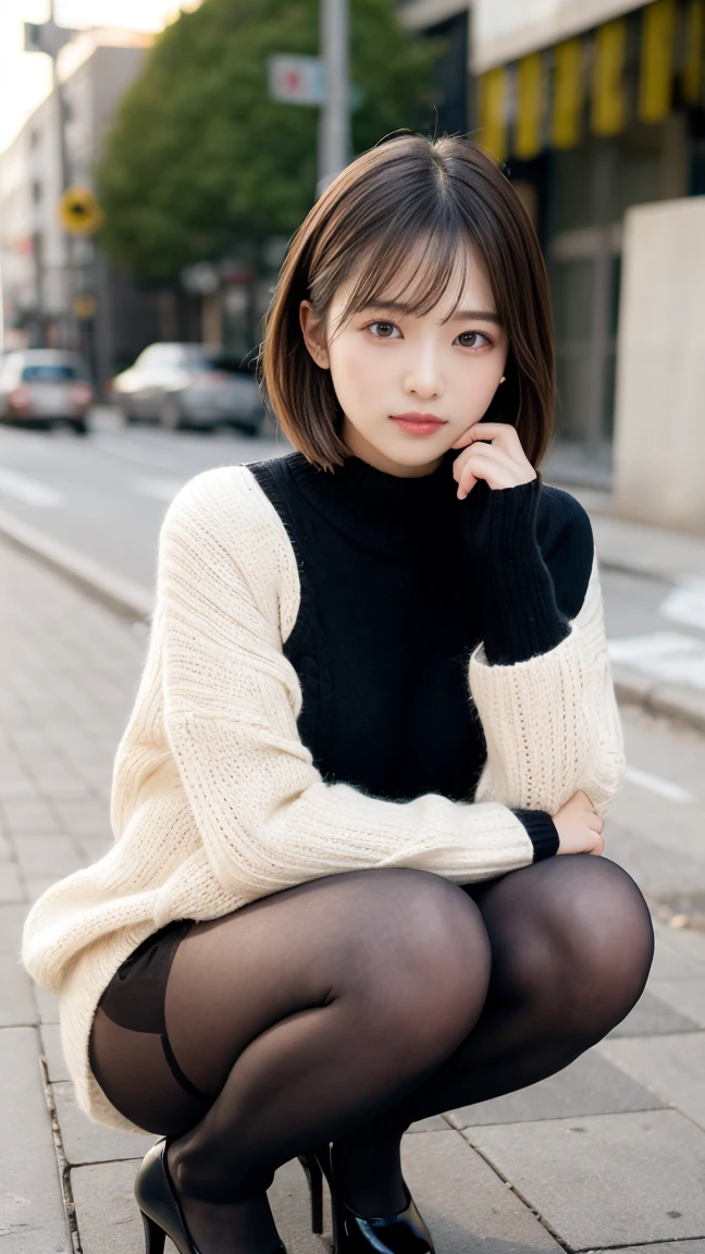 Photos taken by a professional photographer,Close-up of a woman squatting on the sidewalk with her legs crossed, kiko mizuhara, Wear a sweater, Shirahime cuts her brown hair, Wear a sweater, Young and pretty girl, Japanese Model, 白いWear a sweater, Chiho, ランダムカラーのカジュアルなWear a sweater,Cute eyed waves for short hair, a Cute young woman,20-year-old, Cute young woman, Black Pantyhose,black tights,Black high heels,