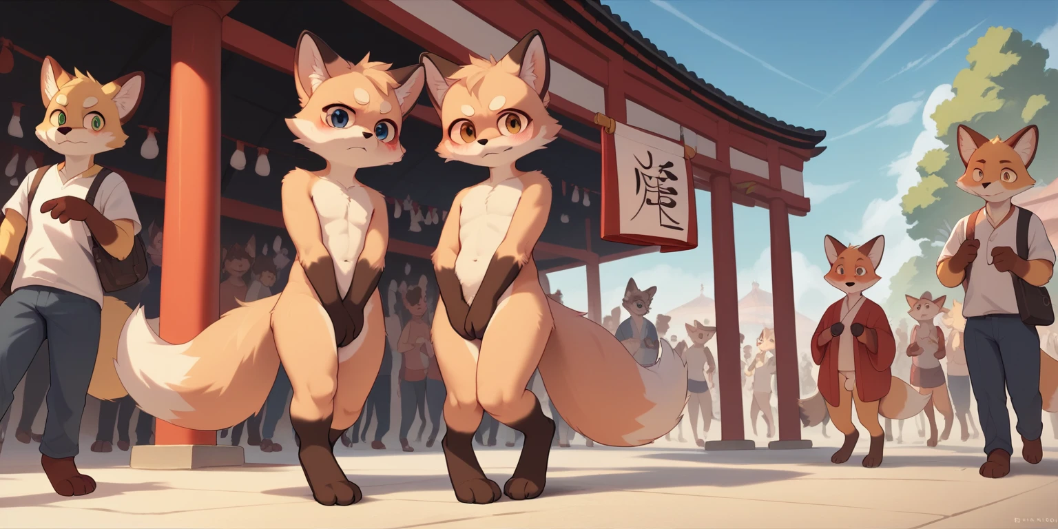 Dynamic Angle , Two shaggy white fox cubs ,Furry, low length , {Two young s Small dick},Like an animal,Realistic fur , Round face, Round eyes , Do not draw hair,Turn your crotch towards you,Showing off your crotch, At Inari Shrine ,{ Nakedd,Compy naked} Show it e audience, Completely naked,Feeling embarr,Embarrassed expression, Embarrassing position,Spectators,hand between legs,3 fingers,3 toes,anatomically correct,flashing,public nudity,digitigrade,duo,flur,public indecency,In the crowd,Walking naked in the crowd,