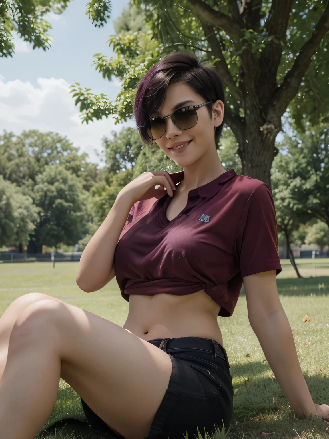 8k, RAW photo, best quality, ultra high resolution, photorealistic, (slim) girl, (black purple short undercut haircut), eye makup, smiling, park, grass, trees, sitting in the grass, (red shirt), five fingers, perfect hands, high angle, sunglasses
