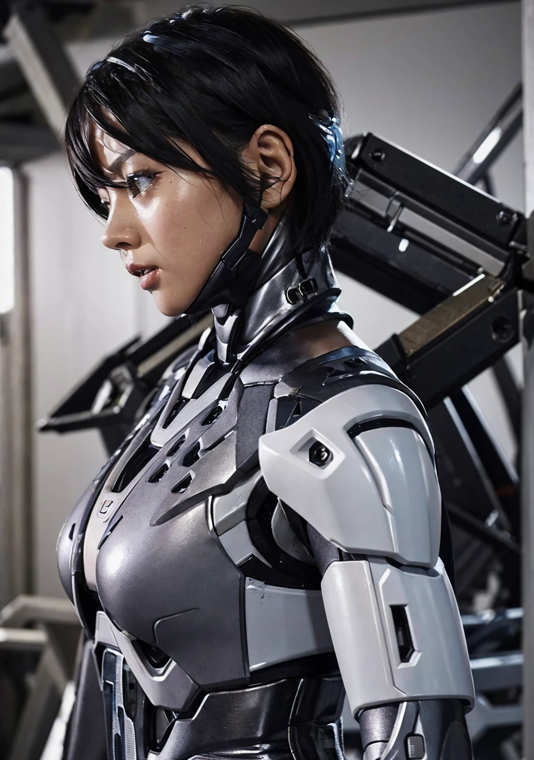 Textured skin, Very detailed, Attention to detail, high quality, 最high quality, High resolution, 1080P, hard disk, beautiful,(War Machine),beautifulサイボーグ女性,Mecha Cyborg Girl,BATTLE MODE,Girl with a mechanical body　Black Hair　Short Hair Boyish　　Sweaty and wet face　The change is over　Met Off　Steam coming from the head　Steam coming out of the whole body　Painful expression　Please open your mouth wide　Snug-fitting headgear　Black Inner Suit　Full body portrait　Rear View