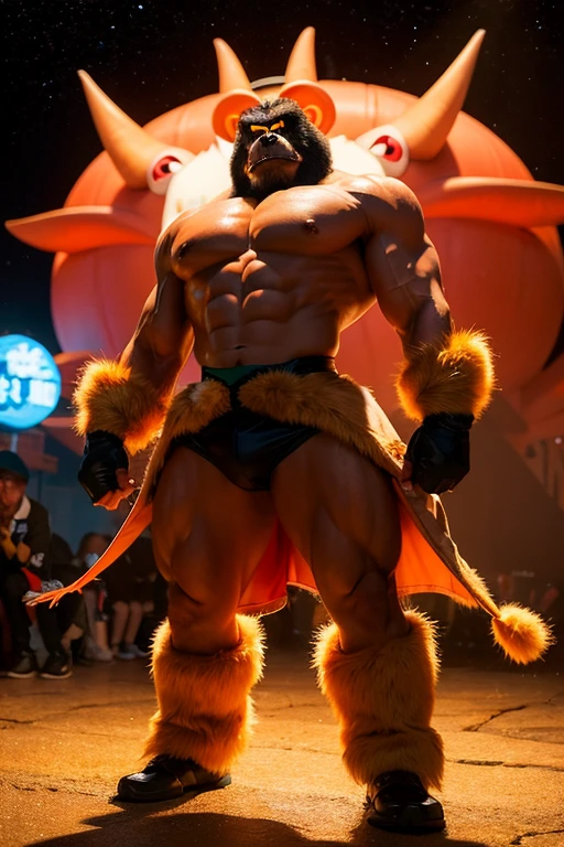 A cross between King Kazma and King Kong「Kongu Kazuma」A request to draw an illustration of---
**Kongu Kazumaのイメージ:**
- **Body Type**: Huge, muscular body like King Kong。
- **face**: King Kazuma's sharp eyes and ears、ウサギの特徴的なface立ち。
- **Coat color**: Fur as dark as King Kong。
- **Pause**: In battle mode like King Kazma、強さを誇示するようなPause。
- **accessories**: Wearing King Kazma's red bandana and gloves。