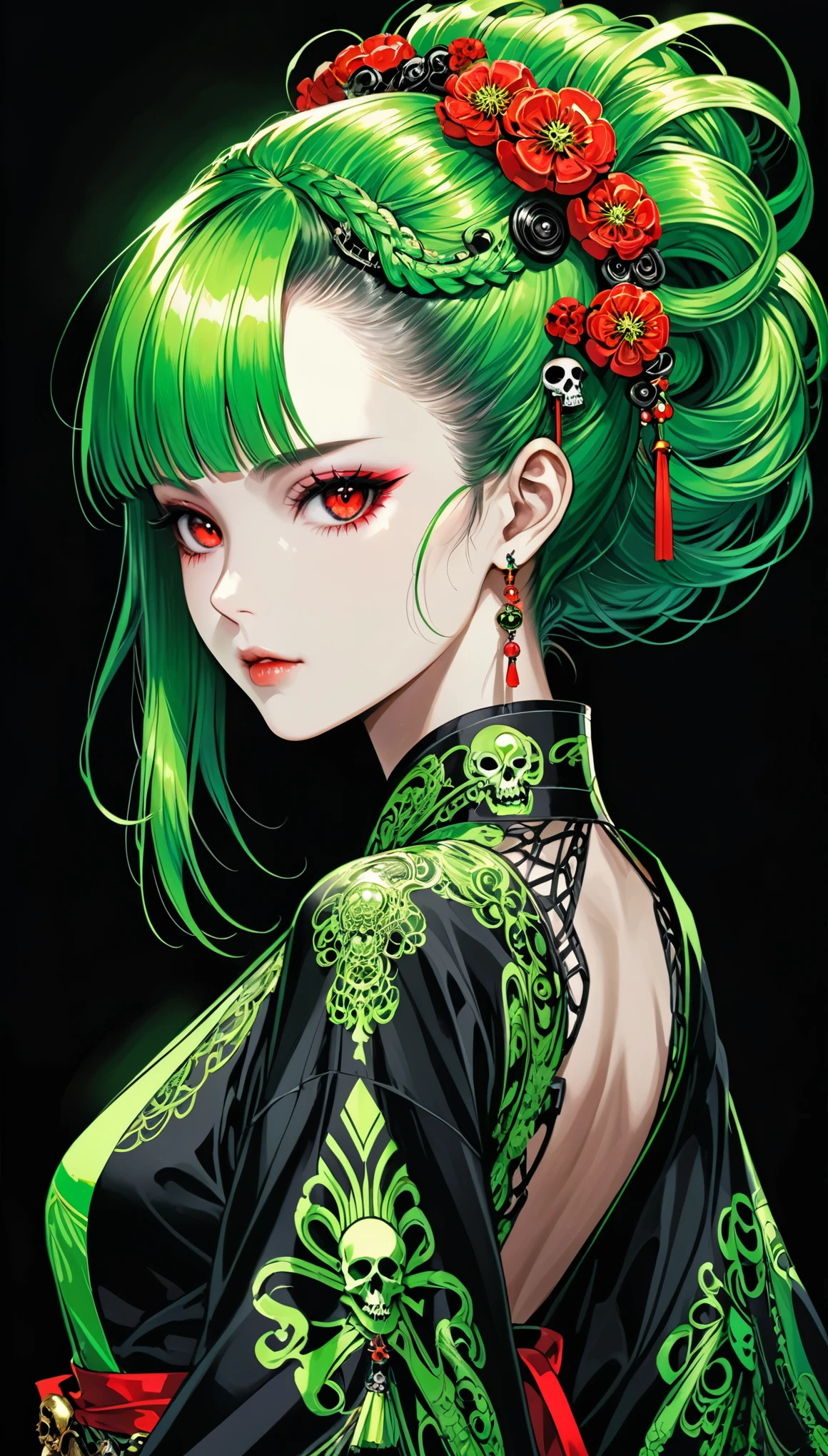 in style of Gary Grayson,in style of Aleksi Briclot,
1girl,glowing neon green japanese kimono,looking at viewer,black coiled hair,skull hair decoration,death gothic,red eyes,(head_tilt:1.7),(insanely detailed and intricate, hypermaximalist, elegant, ornate, hyper realistic, super detailed),(bangs_pinned_back:1.5),