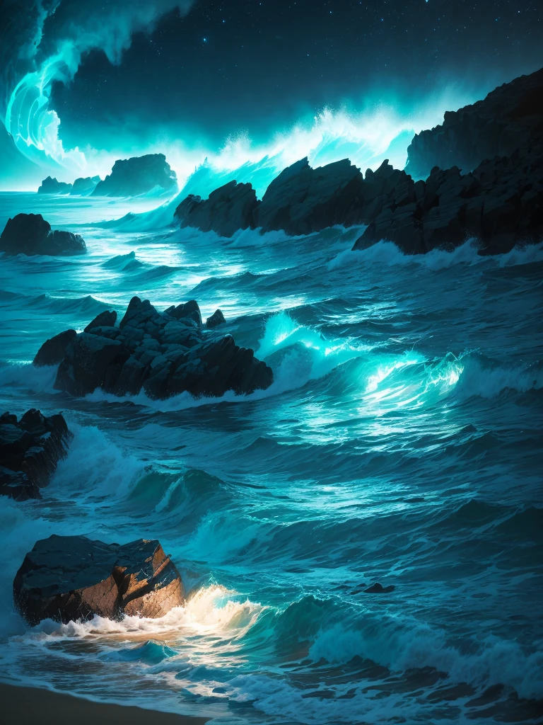 a close up of a beach with a light on the shore, a photorealistic painting by Alison Geissler, tumblr, conceptual art, makes the sea area glowing water, blue bioluminescence, bright blue glowing water, glowing water, glowing blue, glow wave, bioluminescent glow, [ bioluminescent colors ]!!