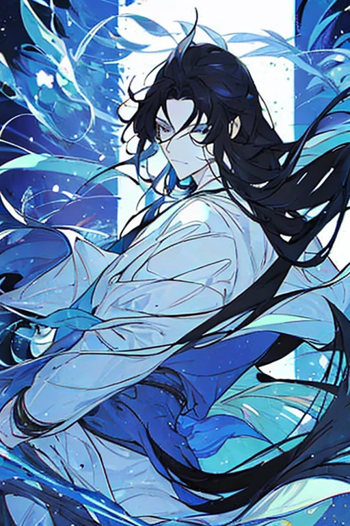 A male mermaid with long black hair, black eyes and a black fish tail on the lower half.