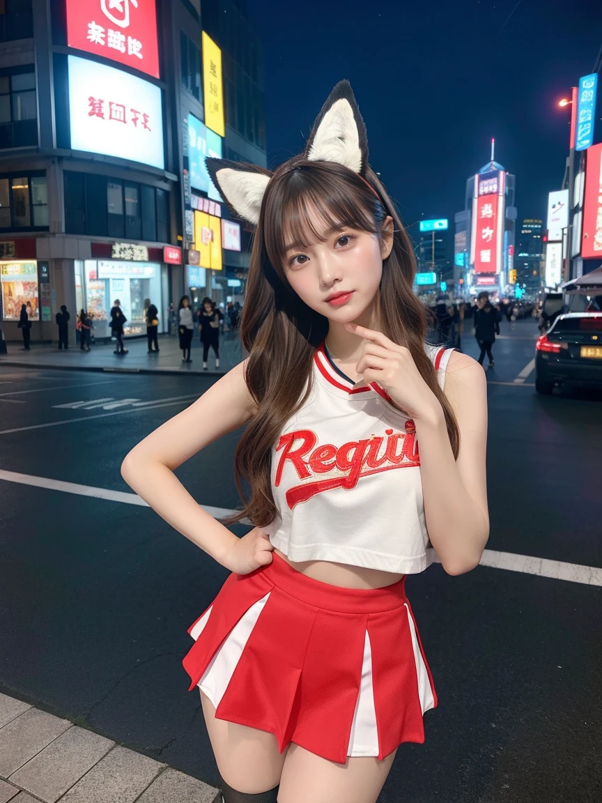 最high quality, masterpiece, 32K、Very detailed、Realistic、4 girls, Japanese women、Cute Face, (photo Actual:1.3),Medium Hair(Blonde Hair Color、Great brown hairstyles)、Edge lighting, (Skin with attention to detail:1.2), 8k超High resolution, Single-lens reflex camera, high quality, High resolution, 4K, 8k, Optimal ratio of four fingers to one thumb, (Actual:1.3), cute 4 girls, Realistic、Super Realistic、32K、Very detailed、masterpiece, 最high quality, beautiful girl, beauty、Mecha, Beautiful lighting, (Neon Light:1.2), (night:1.5), K-Pop Idol Costumes、Sleeveless outfit、Shorts、Large Breasts(big 、There is a valley)、Swiss flag t-shirt、Red and white cheerleader skirt、Fox ears headband、Are standing、Cyber Neon、Future City、Skyscraper、都会のnight、Shanghai、big cities、night景、綺麗なnight景