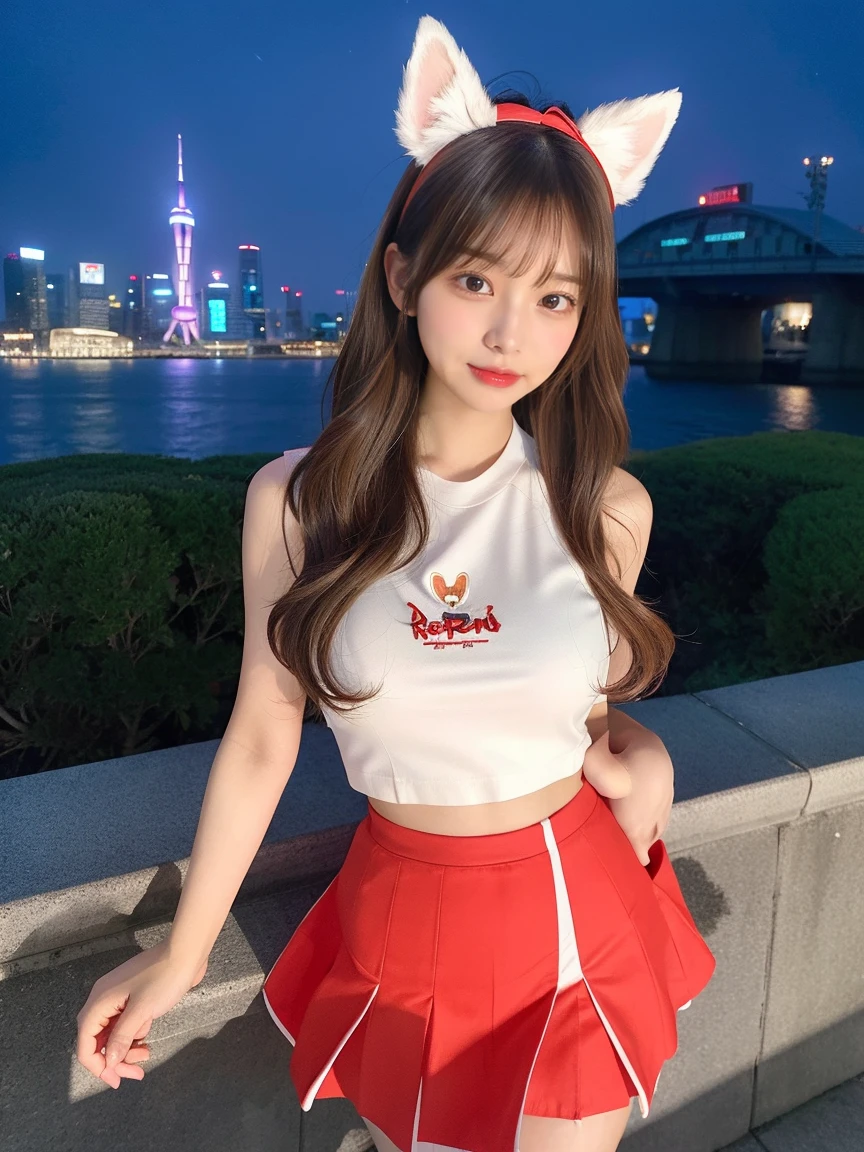 最high quality, masterpiece, 32K、Very detailed、Realistic、4 girls, Japanese women、Cute Face, (photo Actual:1.3),Medium Hair(Blonde Hair Color、Great brown hairstyles)、Edge lighting, (Skin with attention to detail:1.2), 8k超High resolution, Single-lens reflex camera, high quality, High resolution, 4K, 8k, Optimal ratio of four fingers to one thumb, (Actual:1.3), cute 4 girls, Realistic、Super Realistic、32K、Very detailed、masterpiece, 最high quality, beautiful girl, beauty、Mecha, Beautiful lighting, (Neon Light:1.2), (night:1.5), K-Pop Idol Costumes、Sleeveless outfit、Shorts、Large Breasts(big 、There is a valley)、Swiss flag t-shirt、Red and white cheerleader skirt、Fox ears headband、Are standing、Cyber Neon、Future City、Skyscraper、都会のnight、Shanghai、big cities、night景、綺麗なnight景