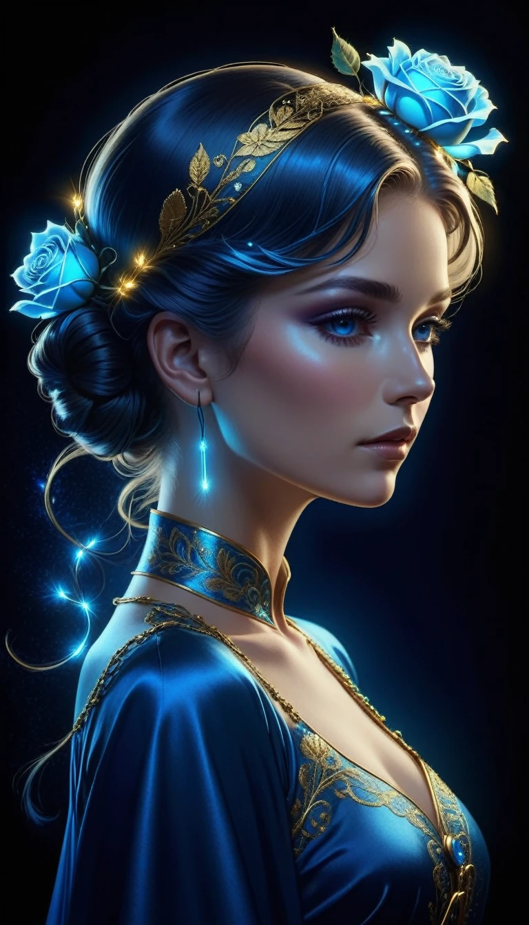 [[[mucha artist]]]，On a dark background with a blue spot of light, blue electrical charges form a stylized silhouette of a beautiful woman, perfect face, wearing blue satin with gold embroidery, hair tied up, an electric rose in her hair , bioluminescence and iridescence. UHD.